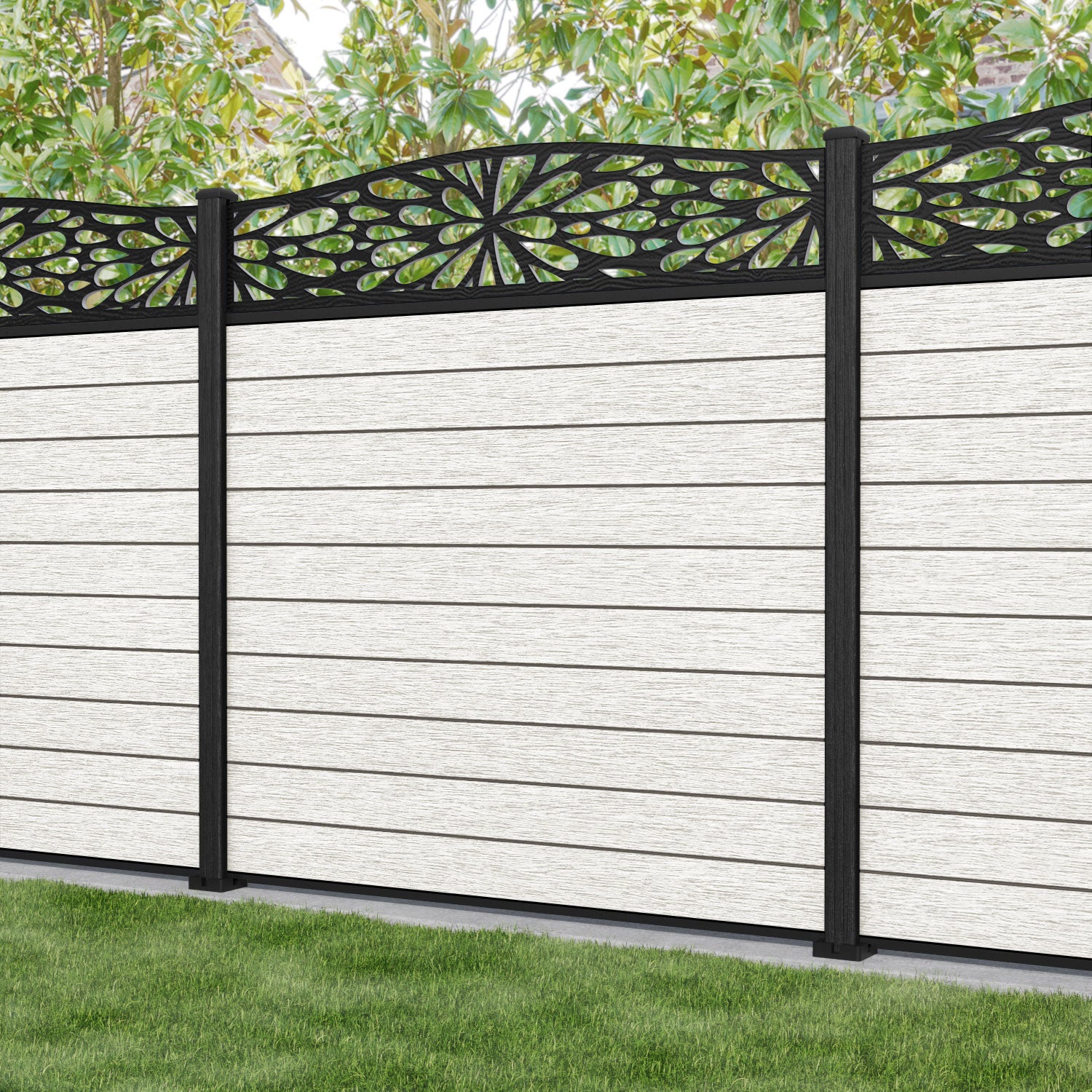 Fusion Blossom Curved Top Fence Panel - Light Stone - with our composite posts