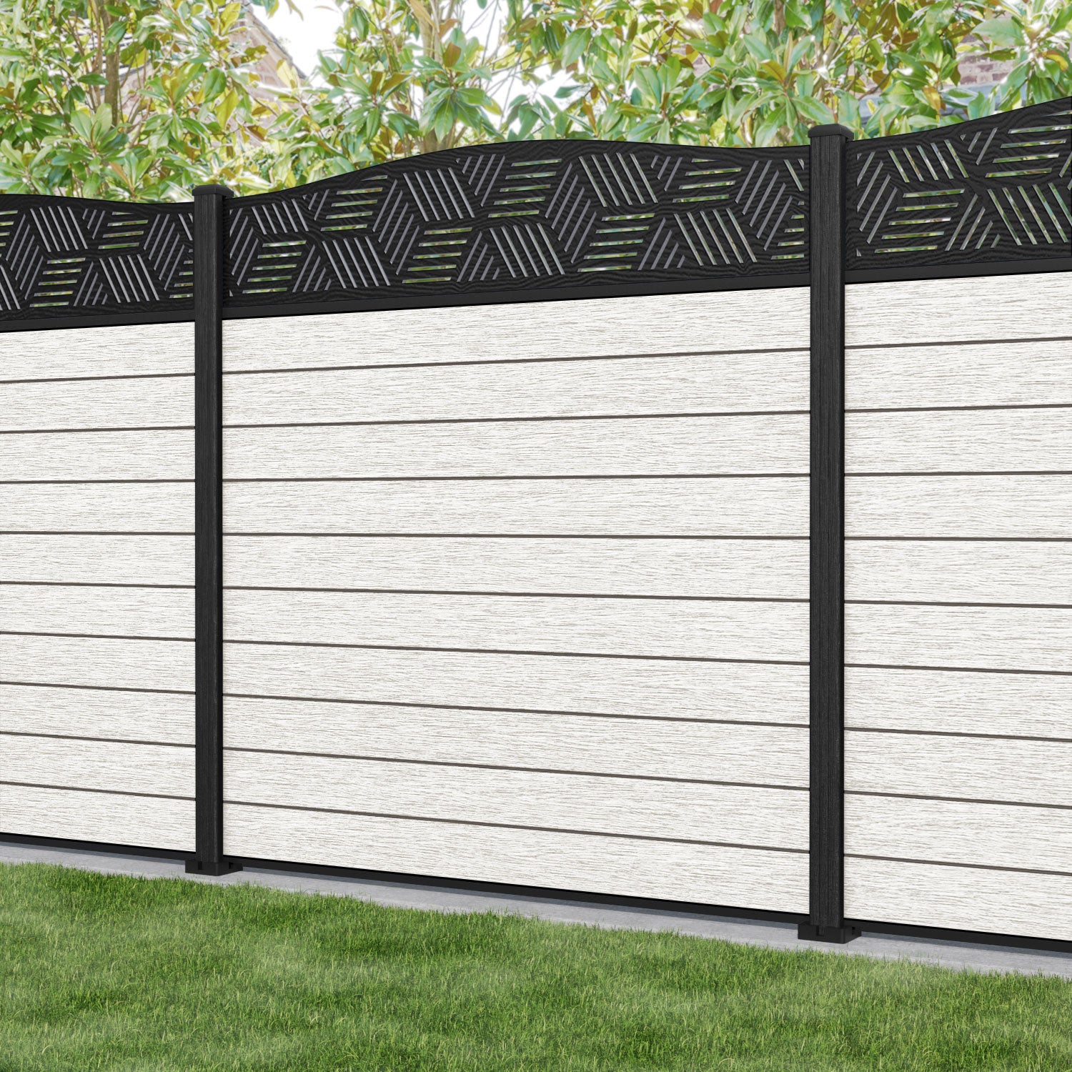 Fusion Cubed Curved Top Fence Panel - Light Stone - with our composite posts