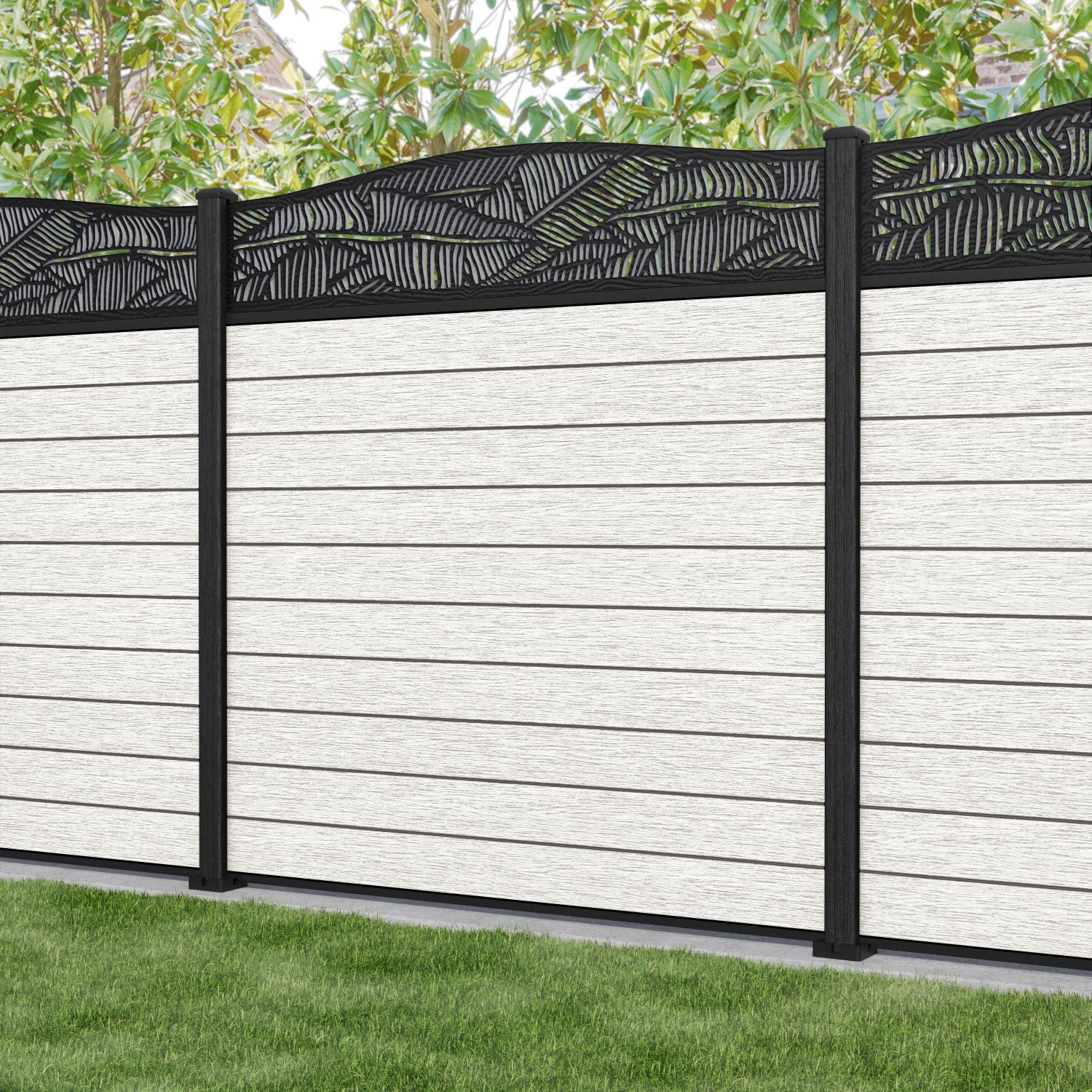 Fusion Feather Curved Top Fence Panel - Light Stone - with our composite posts