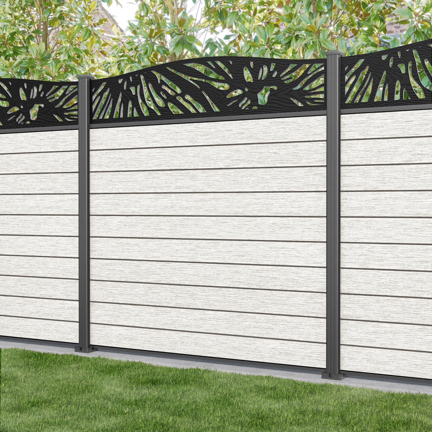 Fusion Poppy Curved Top Fence Panel - Light Stone - with our aluminium posts