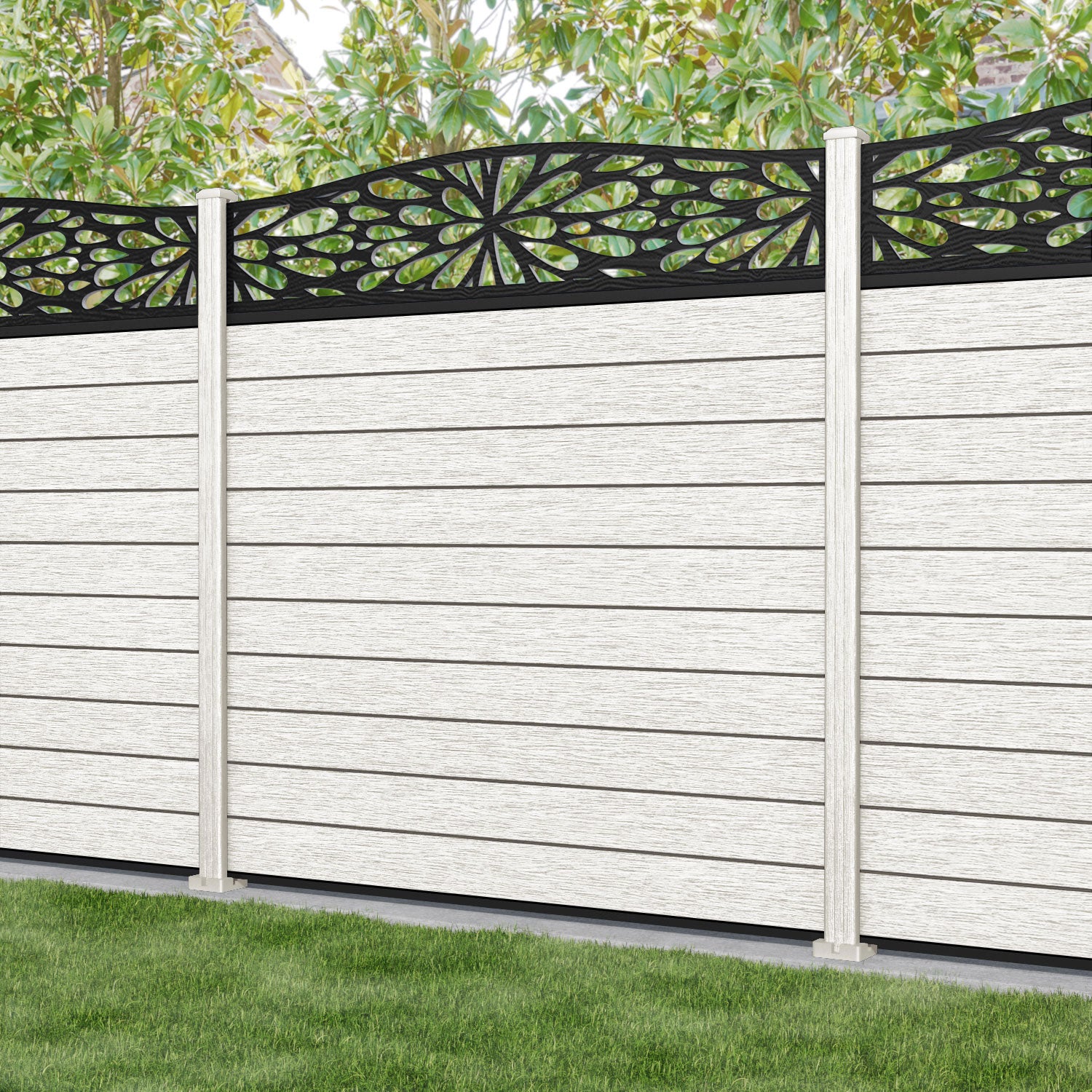 Fusion Blossom Curved Top Fence Panel - Light Stone - with our composite posts