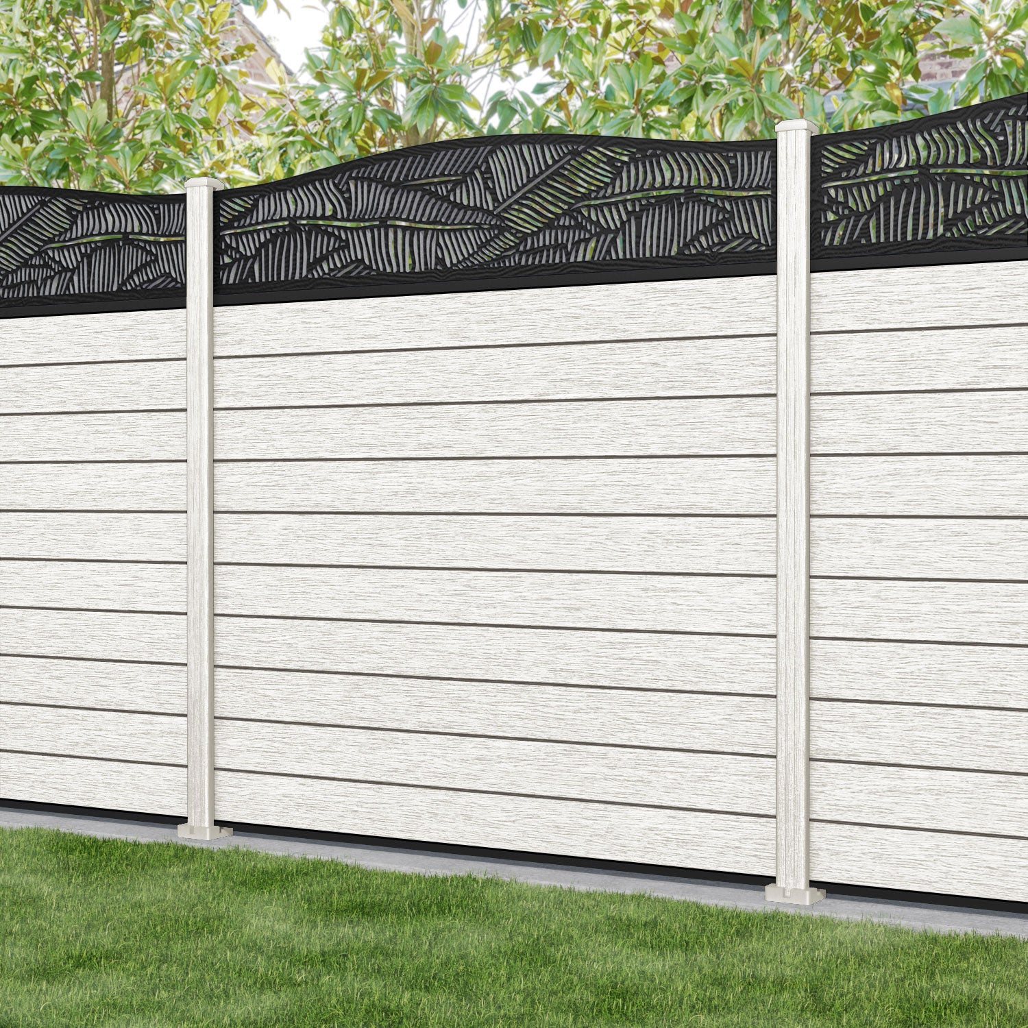 Fusion Feather Curved Top Fence Panel - Light Stone - with our composite posts