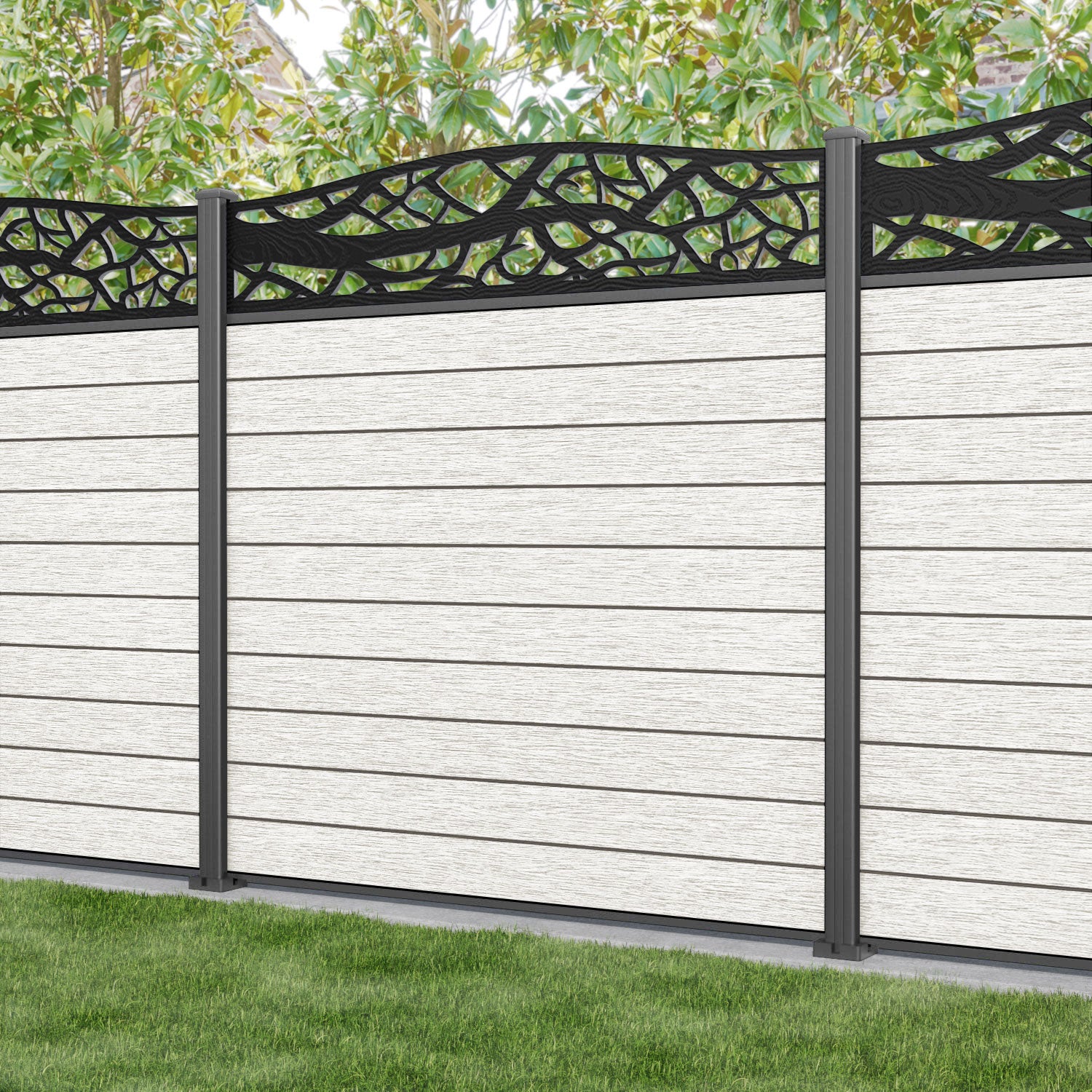 Fusion Twilight Curved Top Fence Panel - Light Stone - with our aluminium posts