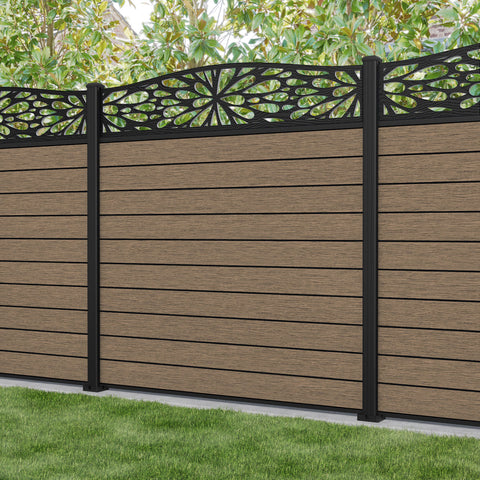 Fusion Blossom Curved Top Fence Panel - Teak - with our aluminium posts