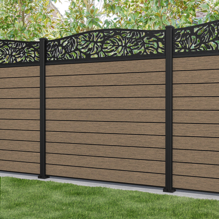 Fusion Botanic Curved Top Fence Panel - Teak - with our aluminium posts