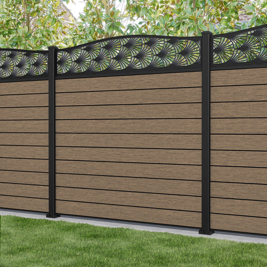 Fusion Laurel Curved Top Fence Panel - Teak - with our aluminium posts