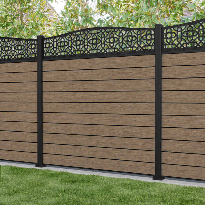 Fusion Nabila Curved Top Fence Panel - Teak - with our aluminium posts