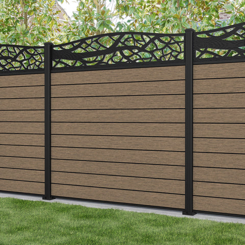 Fusion Twilight Curved Top Fence Panel - Teak - with our aluminium posts