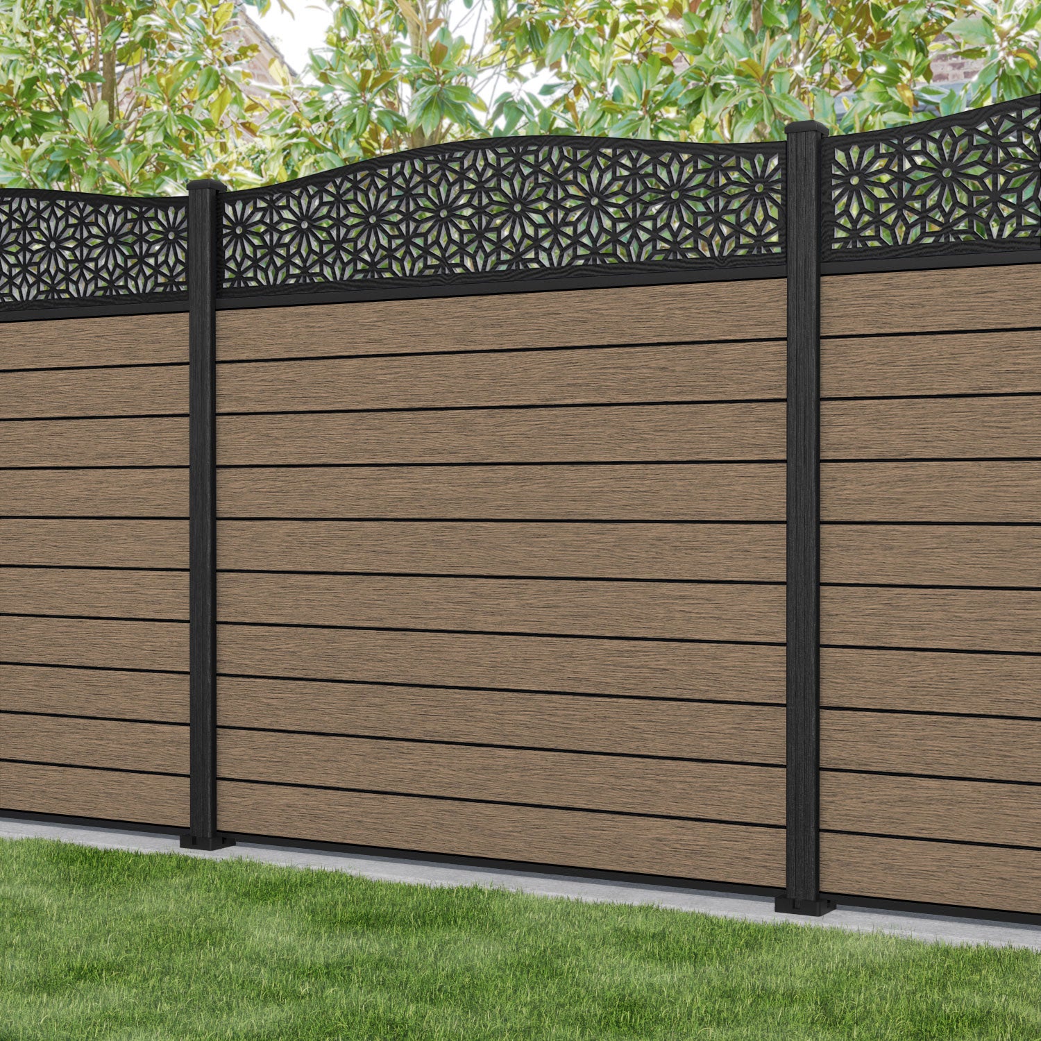 Fusion Narwa Curved Top Fence Panel - Teak - with our composite posts