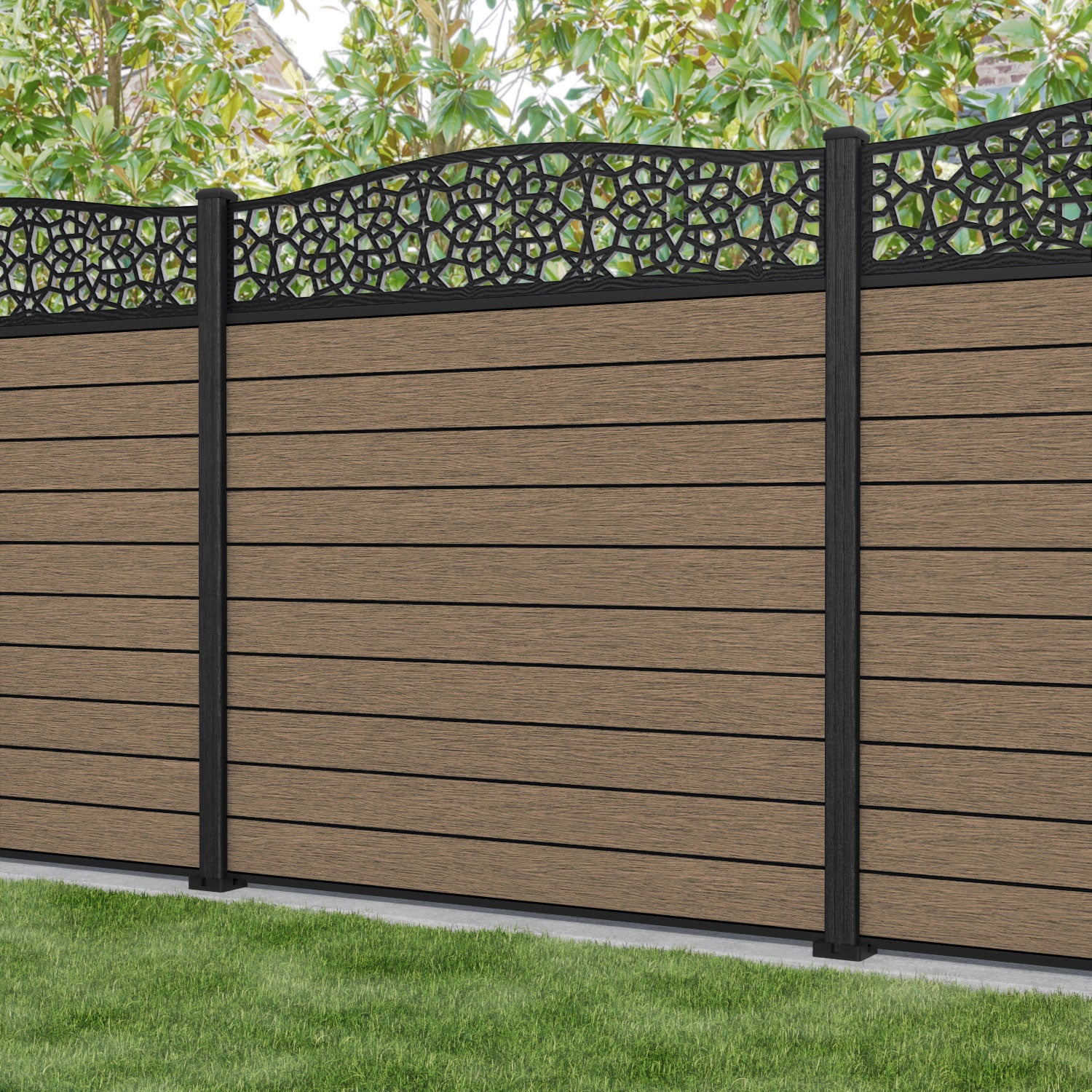 Fusion Nazira Curved Top Fence Panel - Teak - with our composite posts