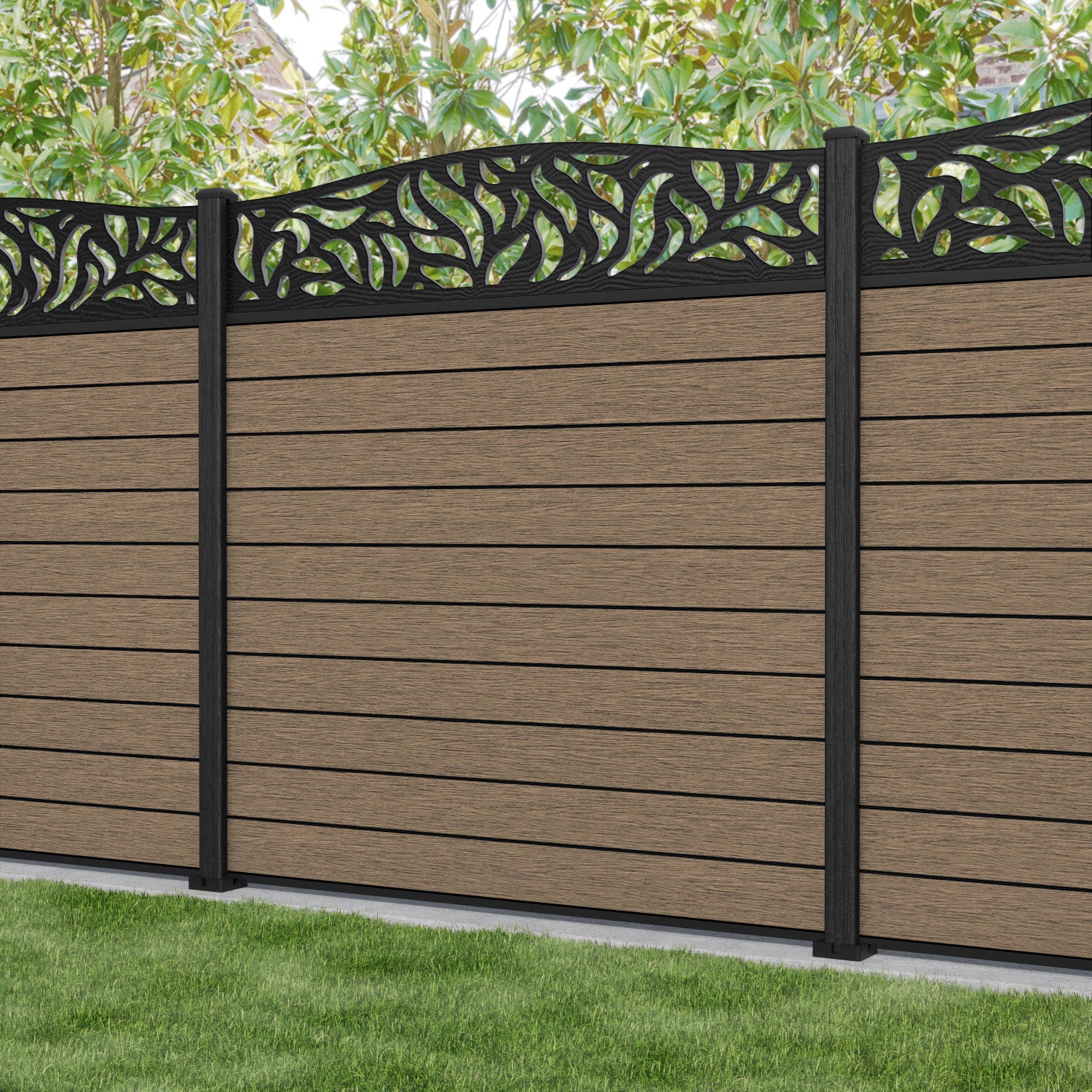 Fusion Plume Curved Top Fence Panel - Teak - with our composite posts
