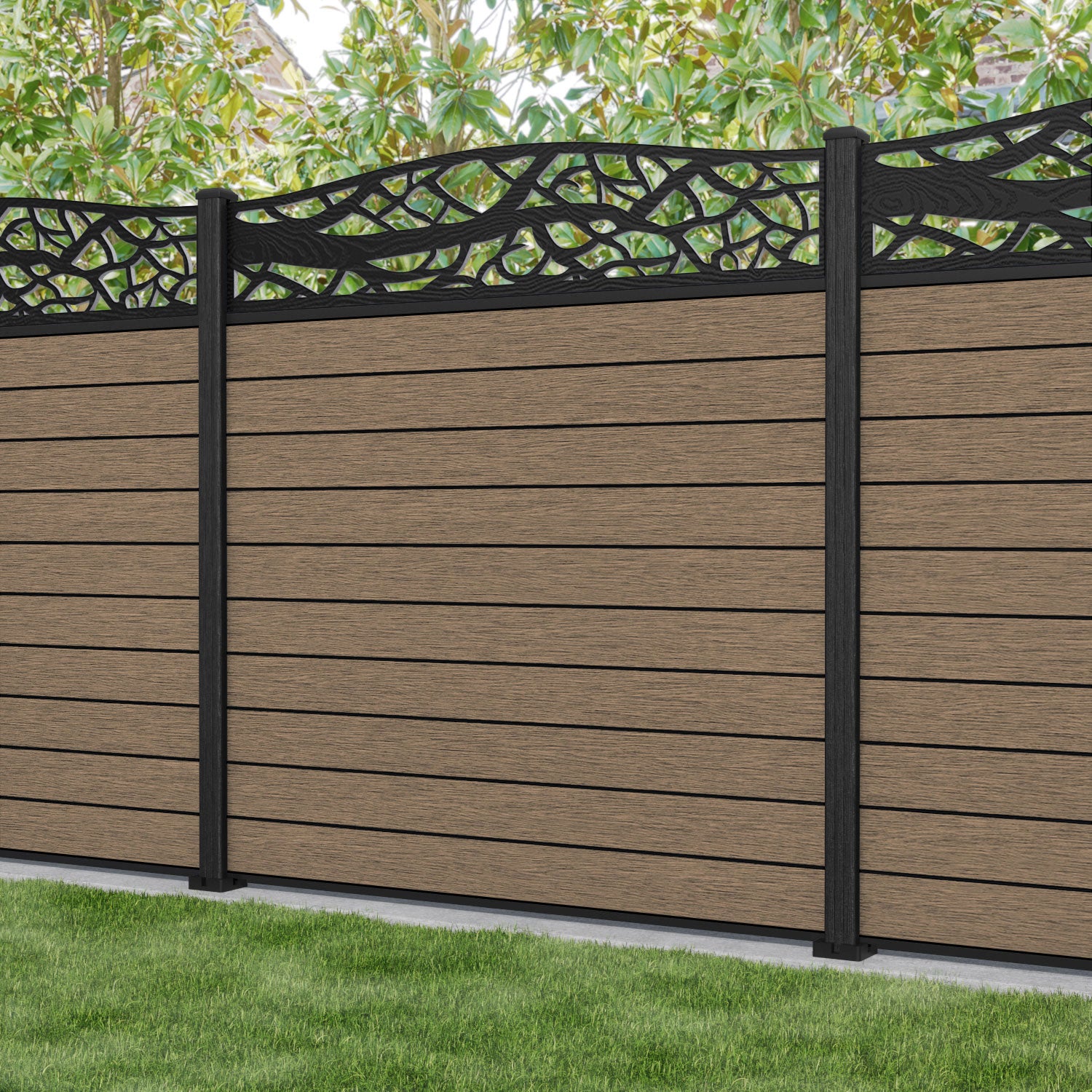 Fusion Twilight Curved Top Fence Panel - Teak - with our composite posts