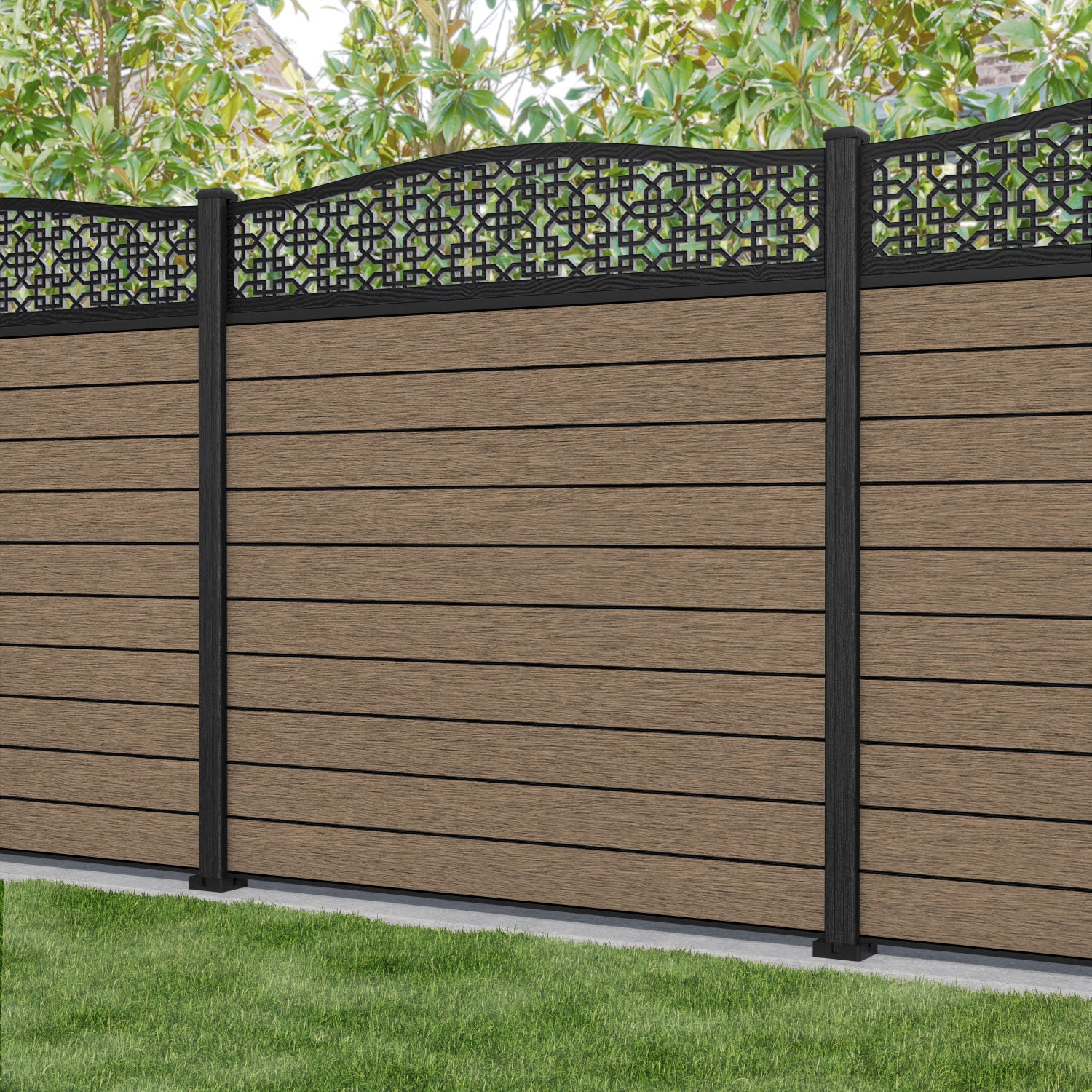 Fusion Zaria Curved Top Fence Panel - Teak - with our composite posts
