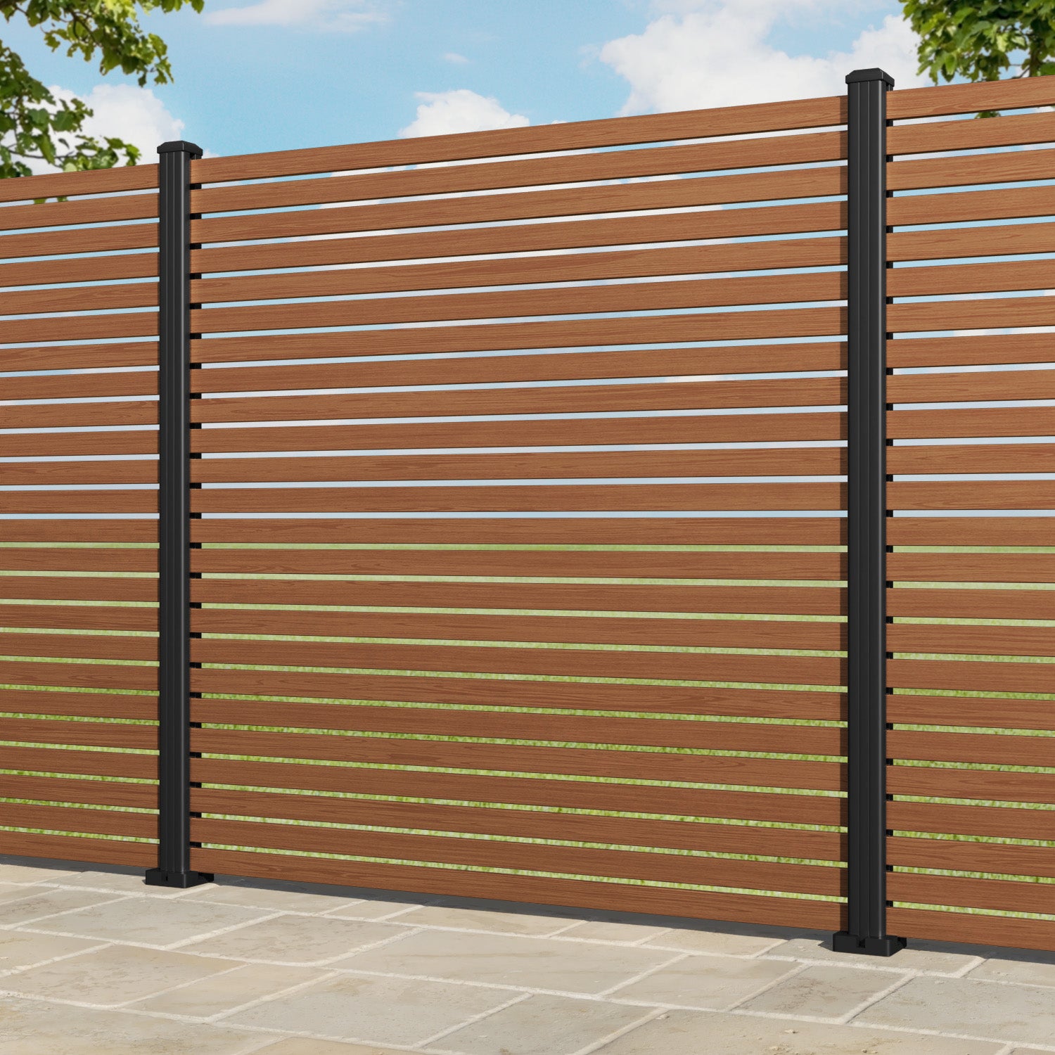 Aria Aluminium Fence Panel - Teak - with our aluminium posts