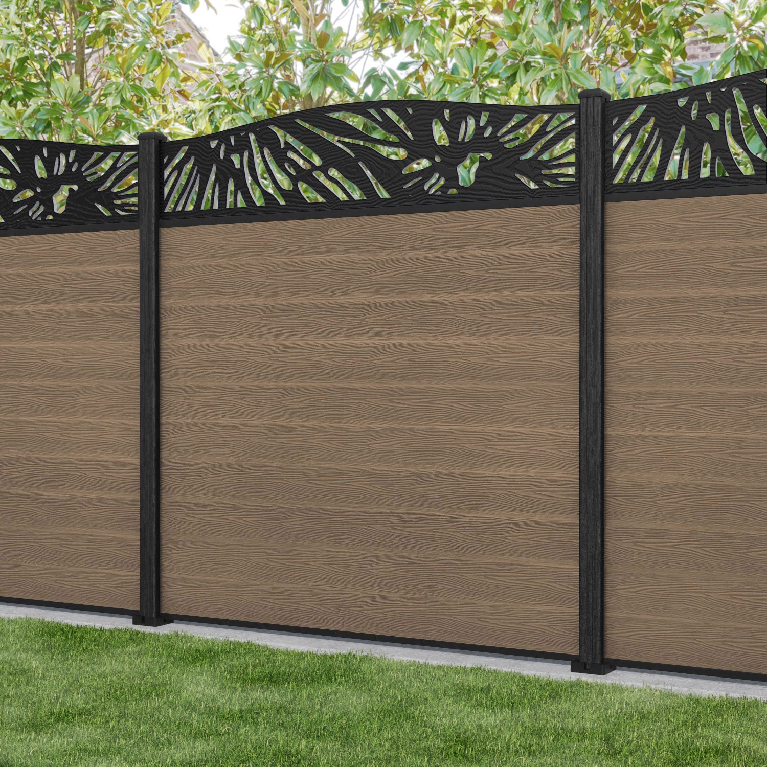 Classic Poppy Curved Top Fence Panel - Teak - with our composite posts