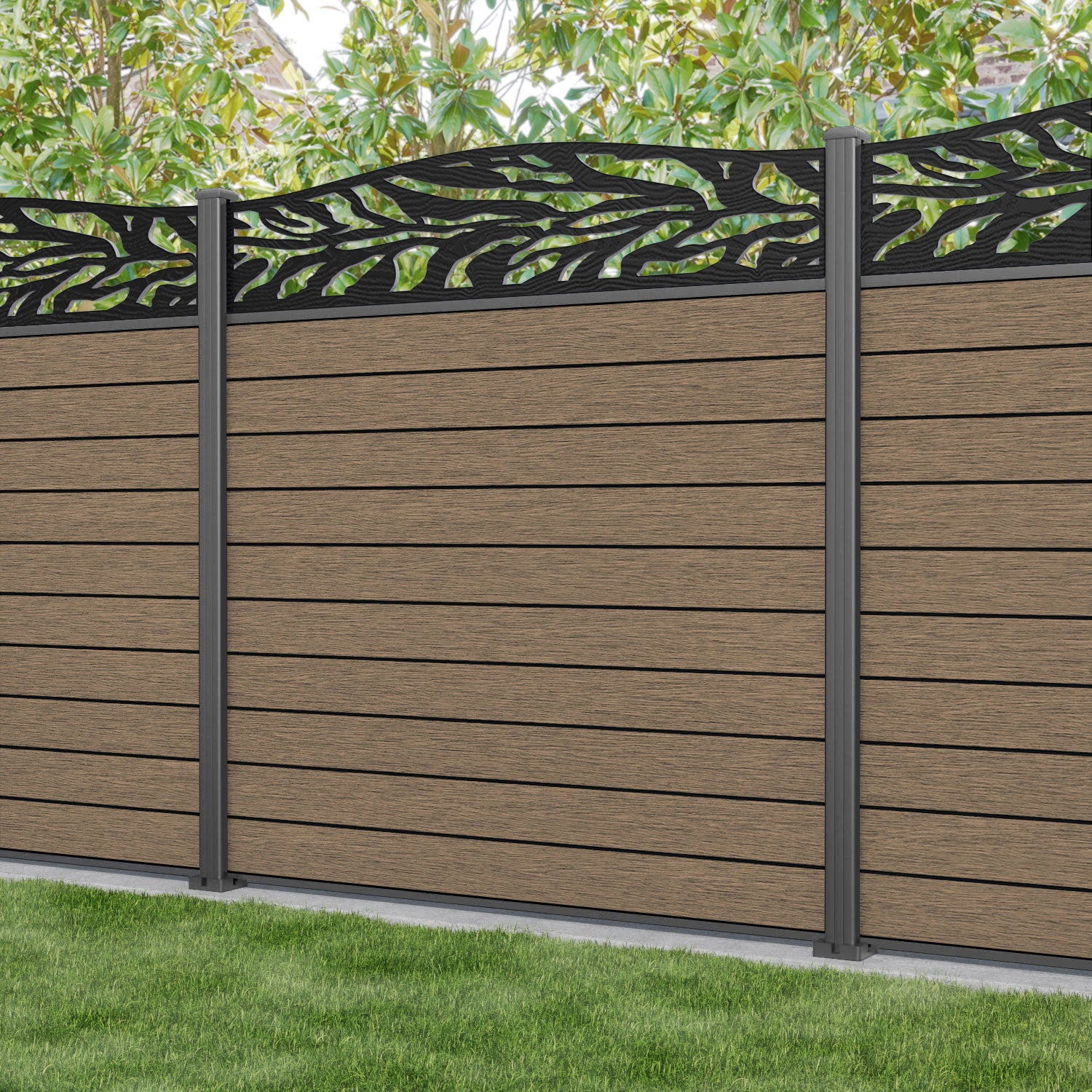 Fusion Malawi Curved Top Fence Panel - Teak - with our aluminium posts