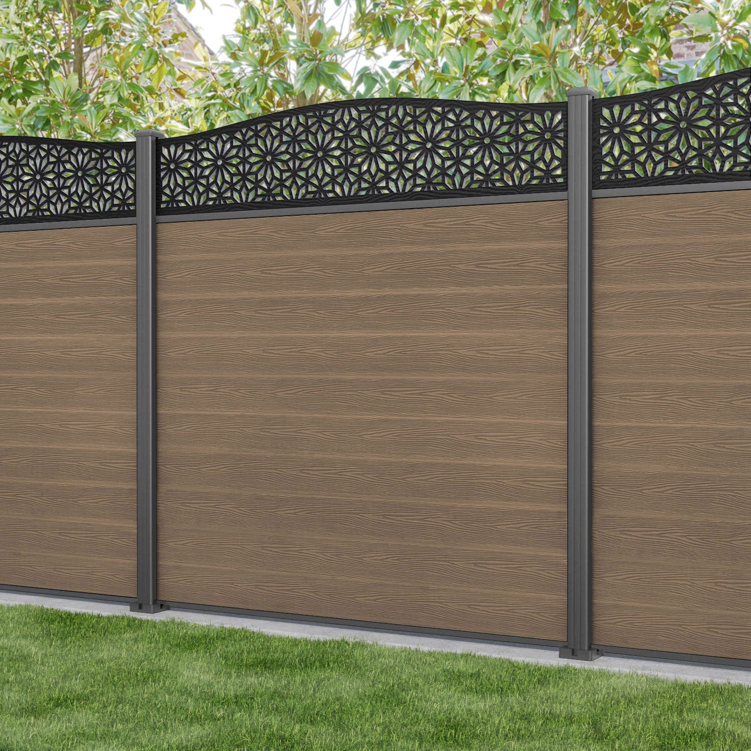 Classic Narwa Curved Top Fence Panel - Teak - with our aluminium posts