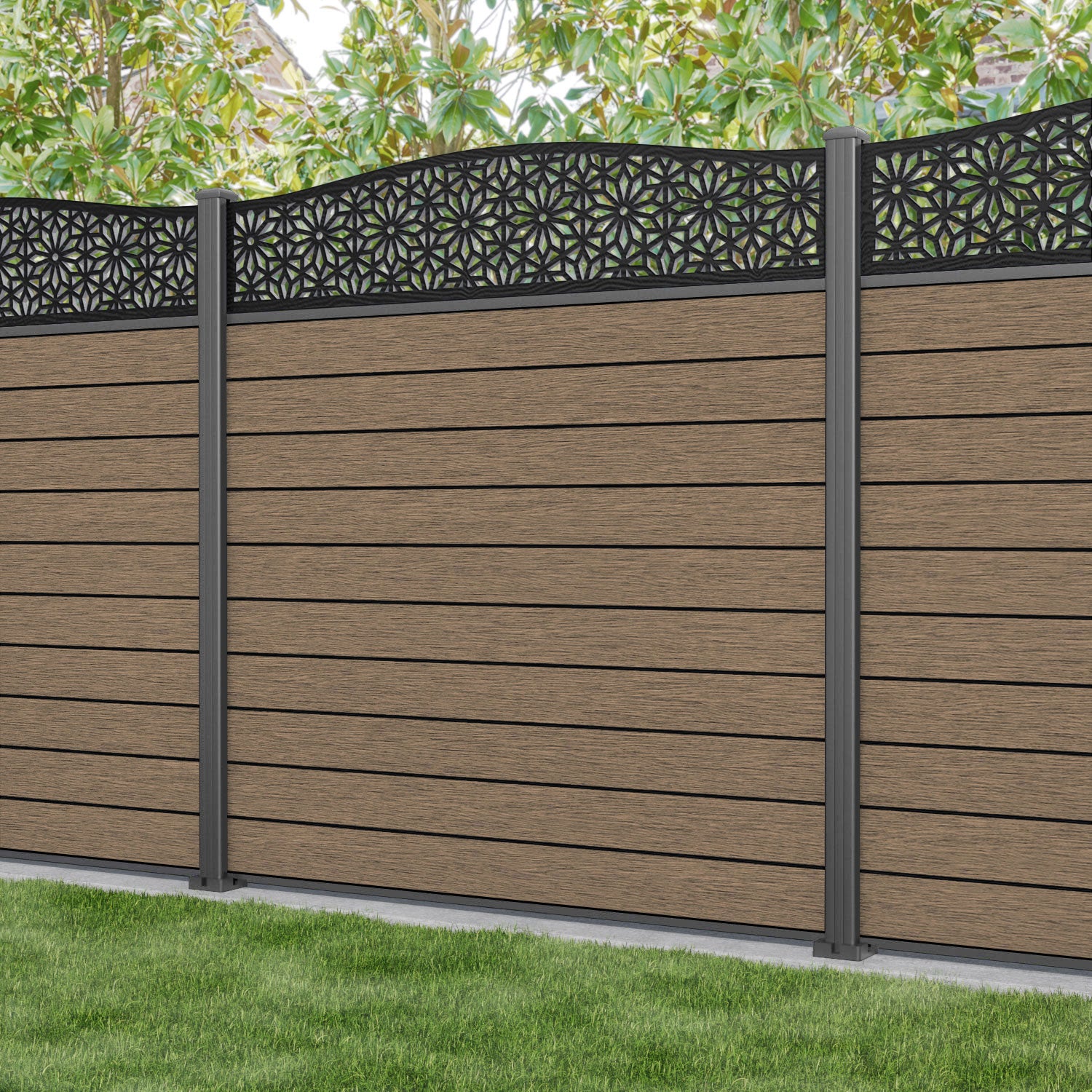 Fusion Narwa Curved Top Fence Panel - Teak - with our aluminium posts