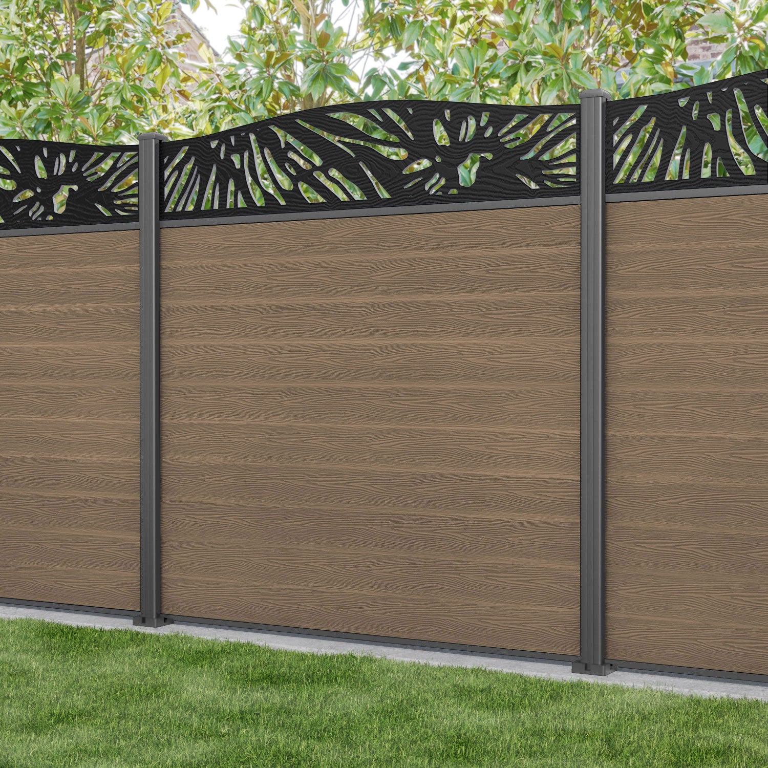 Classic Poppy Curved Top Fence Panel - Teak - with our aluminium posts