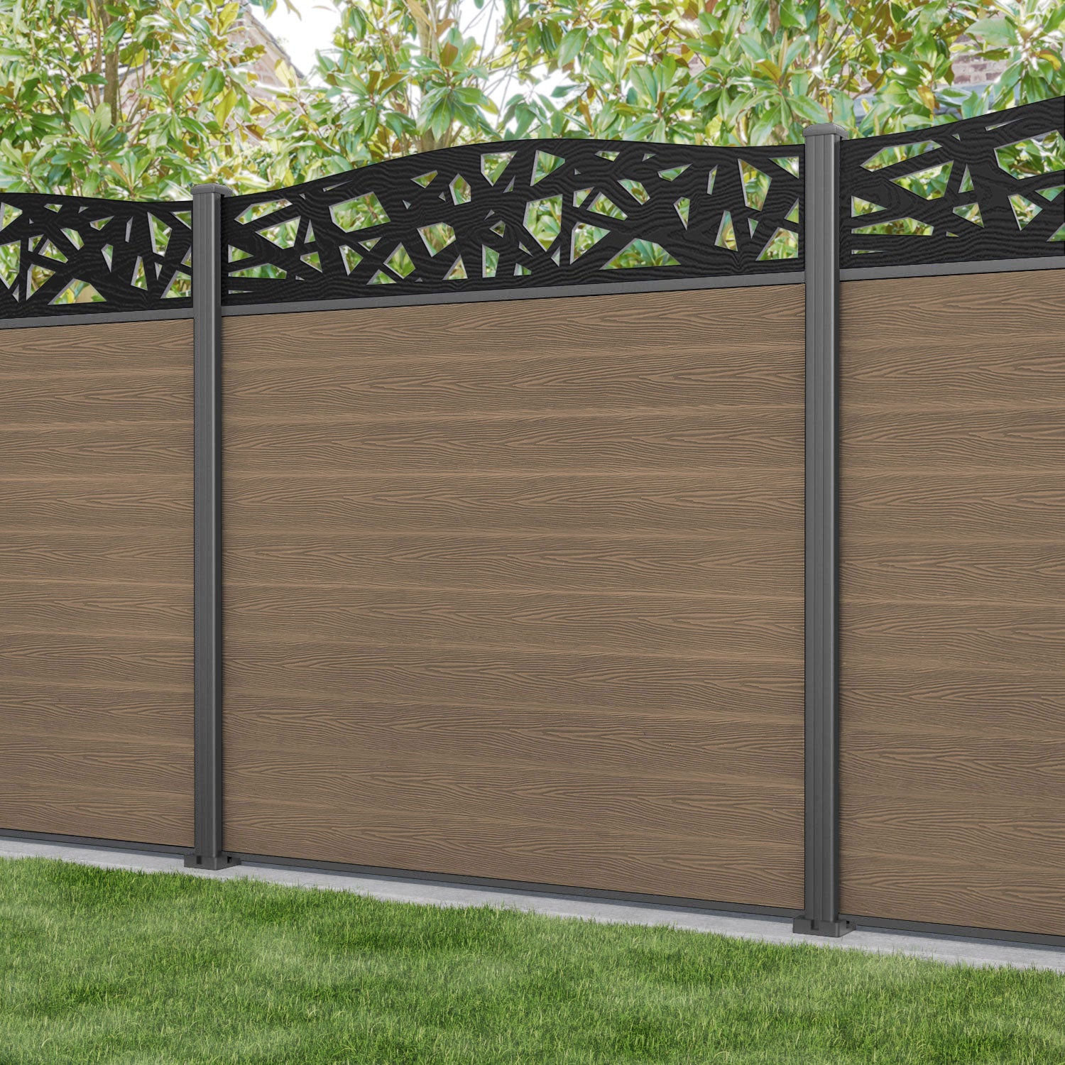 Classic Prism Curved Top Fence Panel - Teak - with our aluminium posts
