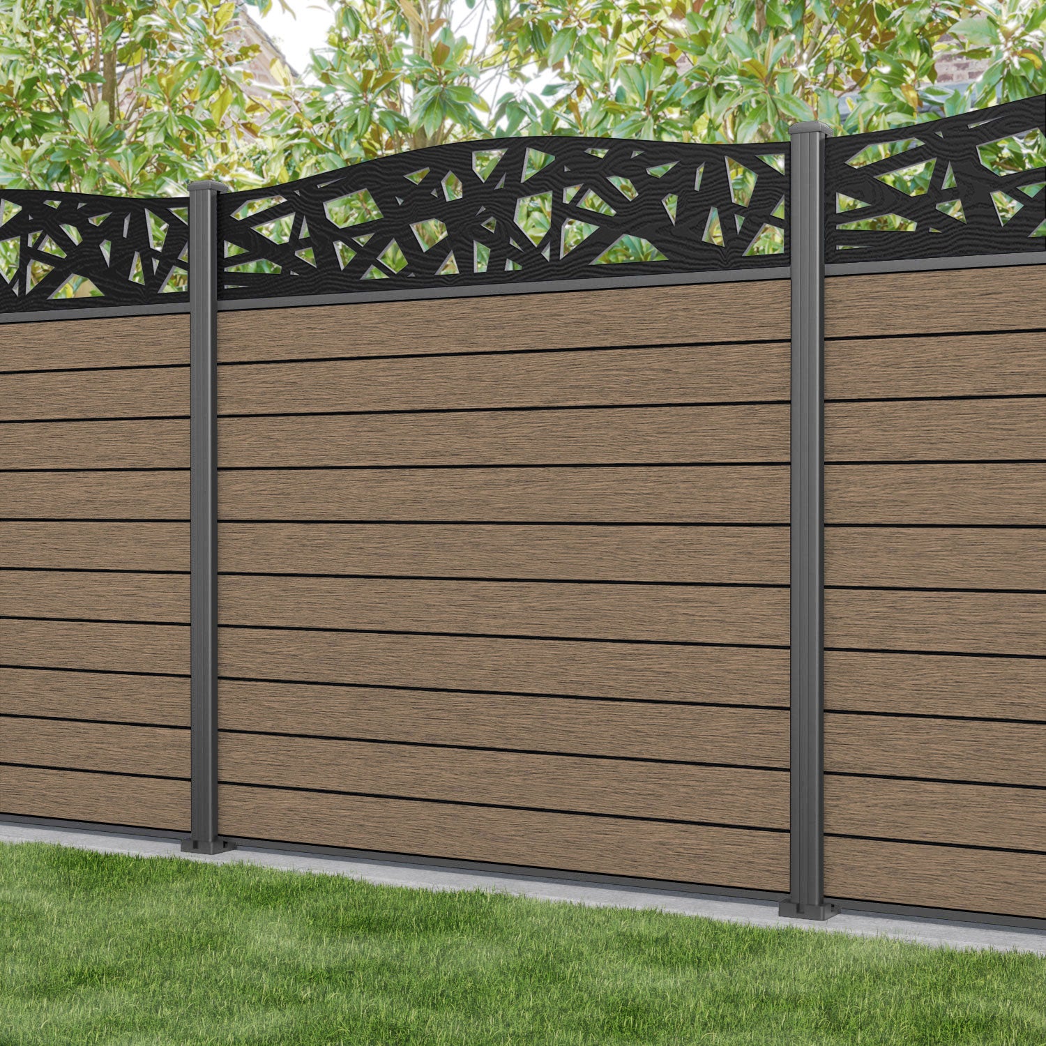 Fusion Prism Curved Top Fence Panel - Teak - with our aluminium posts