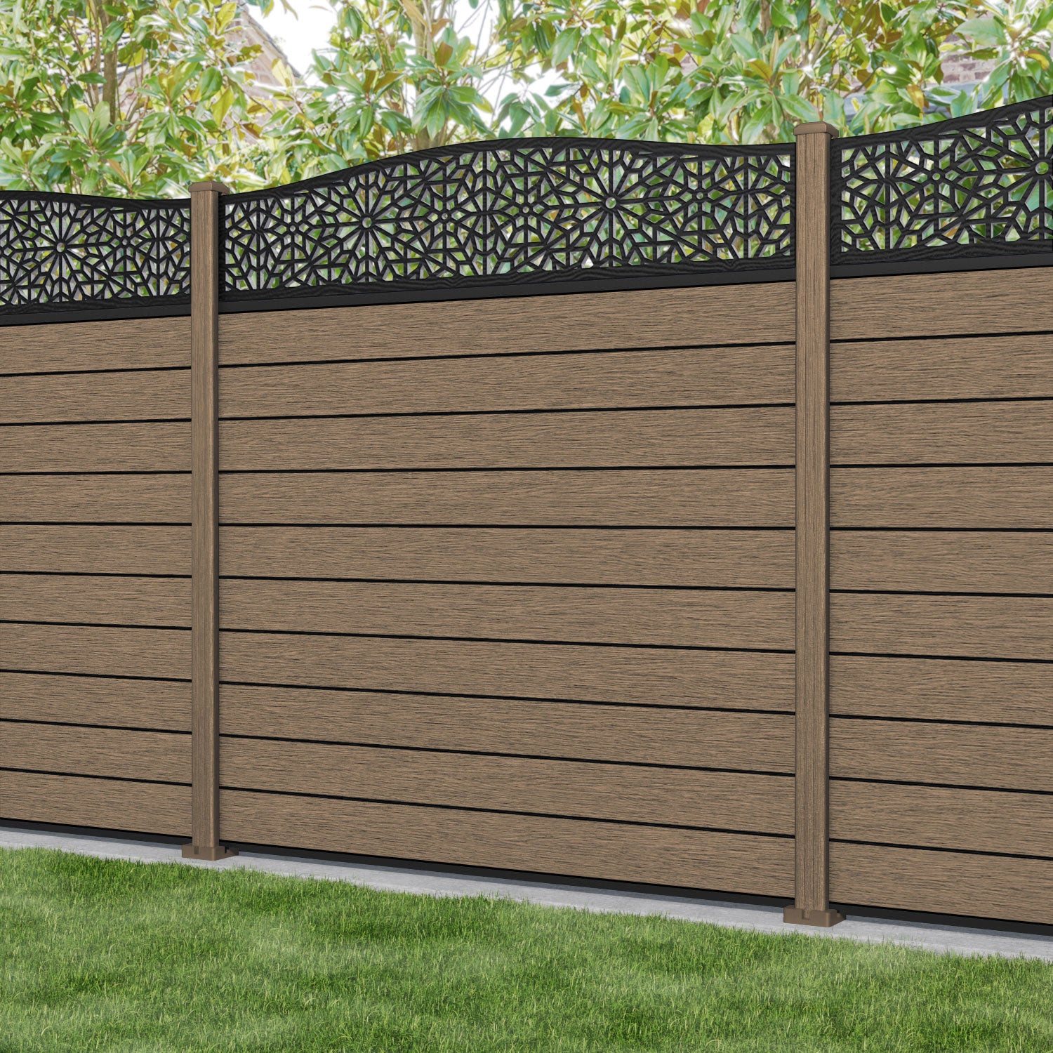 Fusion Alnara Curved Top Fence Panel - Teak - with our composite posts