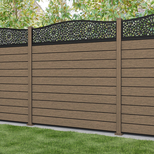 Fusion Alnara Curved Top Fence Panel - Teak - with our composite posts
