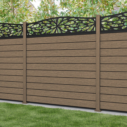 Fusion Blossom Curved Top Fence Panel - Teak - with our composite posts