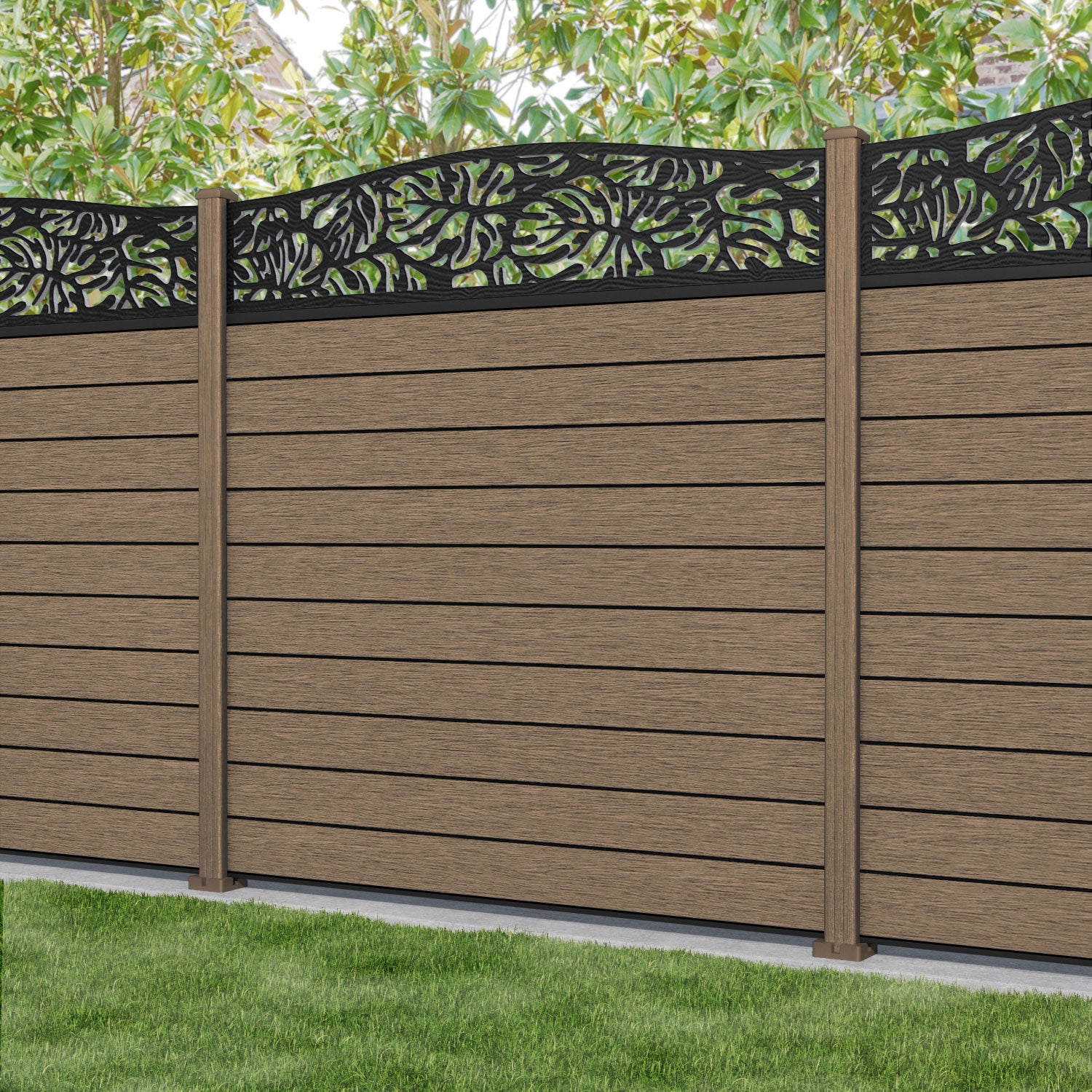 Fusion Botanic Curved Top Fence Panel - Teak - with our composite posts