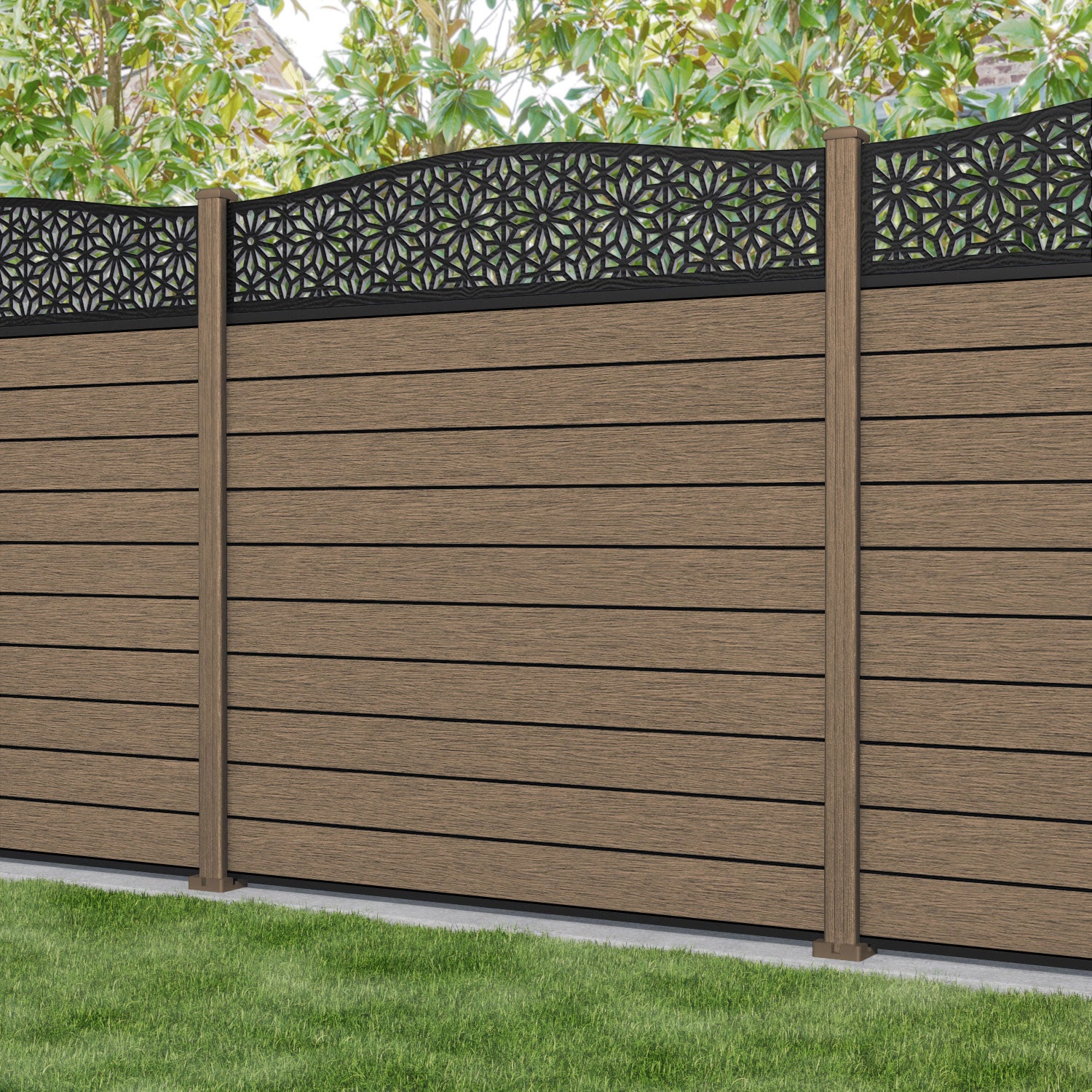 Fusion Narwa Curved Top Fence Panel - Teak - with our composite posts
