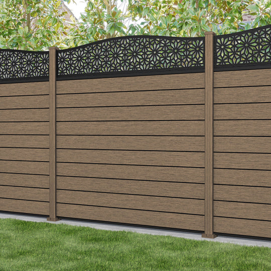 Fusion Narwa Curved Top Fence Panel - Teak - with our composite posts