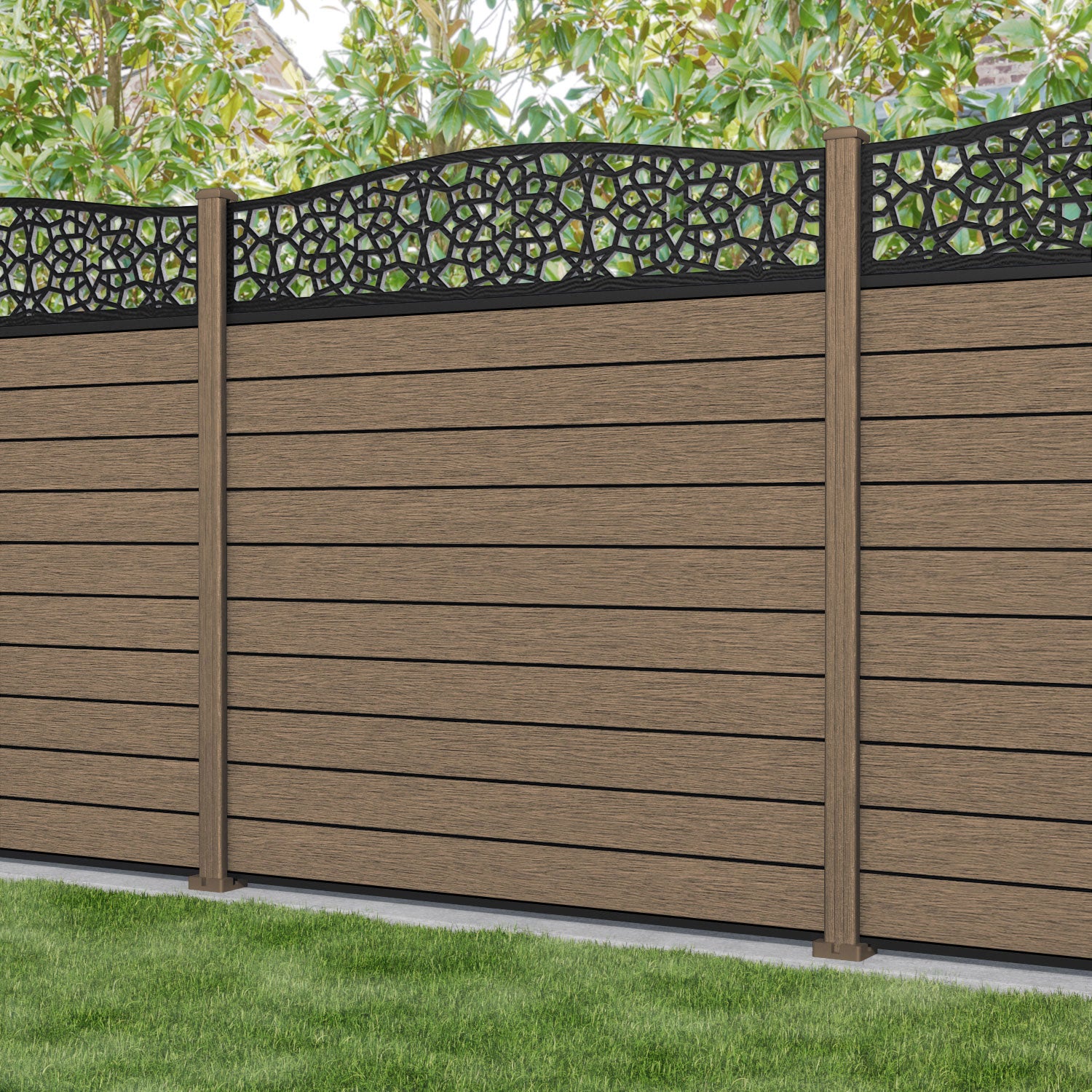 Fusion Nazira Curved Top Fence Panel - Teak - with our composite posts