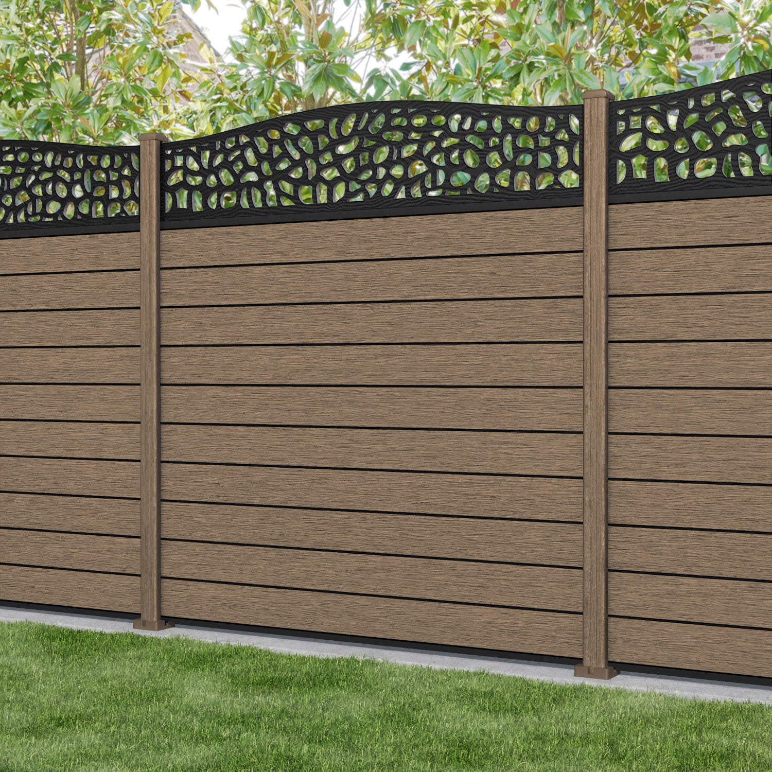 Fusion Pebble Curved Top Fence Panel - Teak - with our composite posts