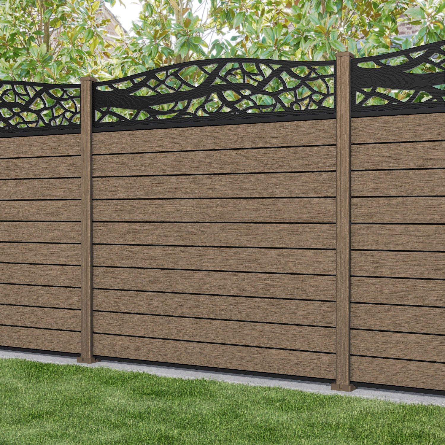 Fusion Twilight Curved Top Fence Panel - Teak - with our composite posts