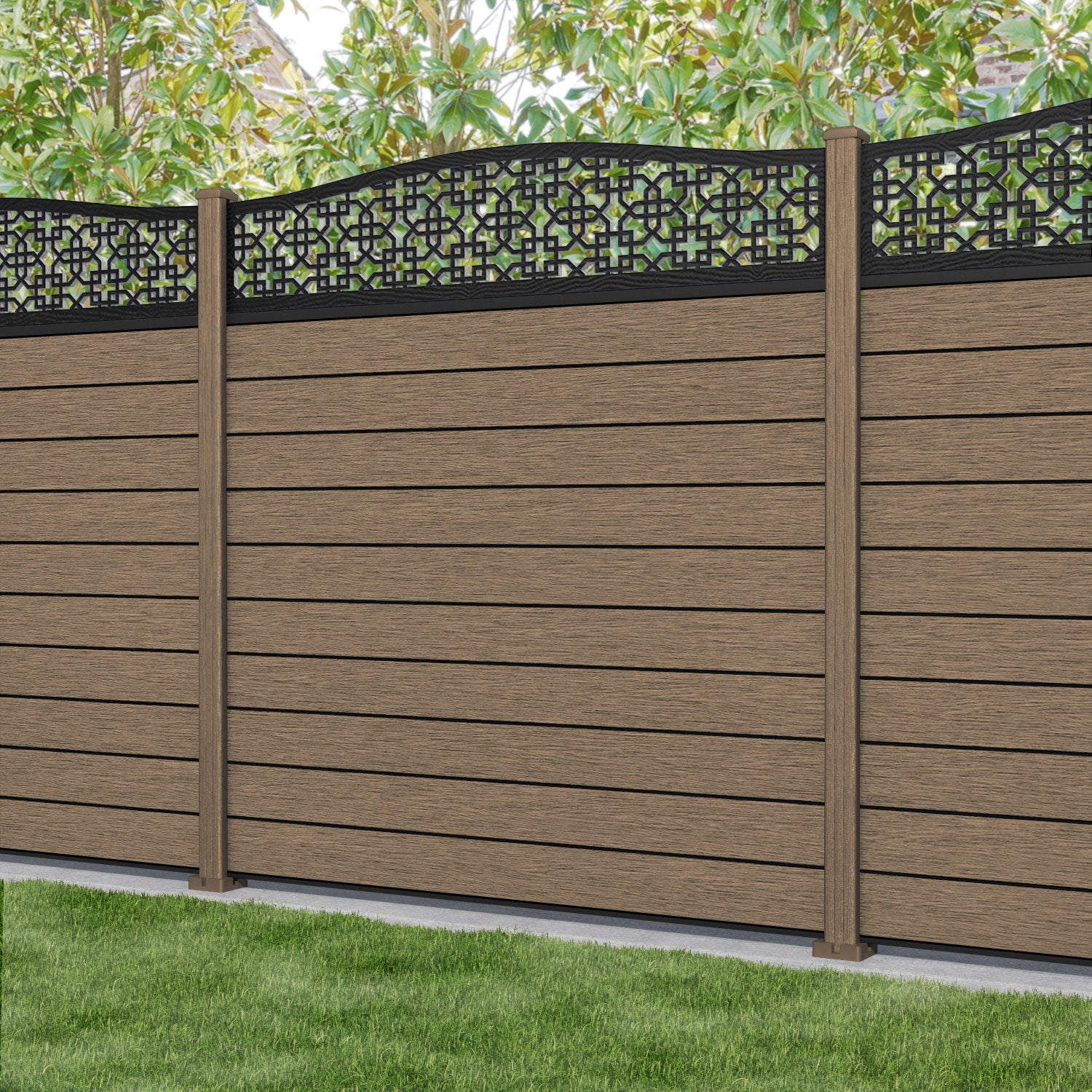 Fusion Zaria Curved Top Fence Panel - Teak - with our composite posts