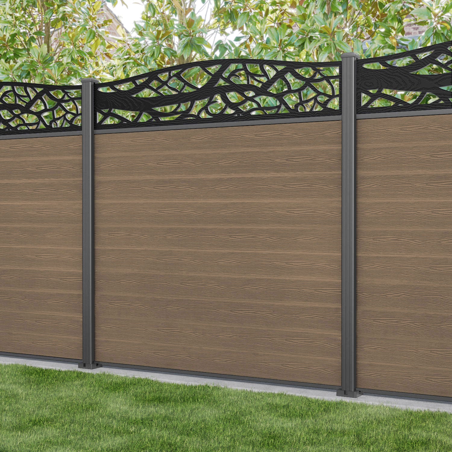 Classic Twilight Curved Top Fence Panel - Teak - with our aluminium posts