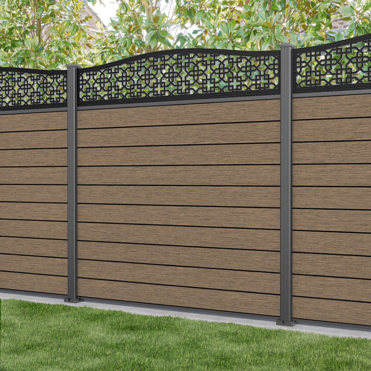 Fusion Zaria Curved Top Fence Panel - Teak - with our aluminium posts