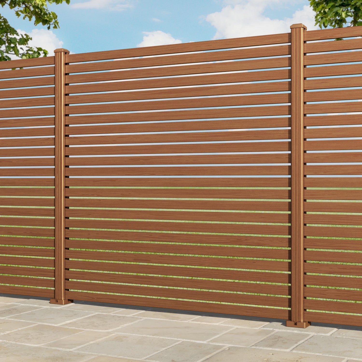 Aria Aluminium Fence Panel - Teak - with our aluminium posts