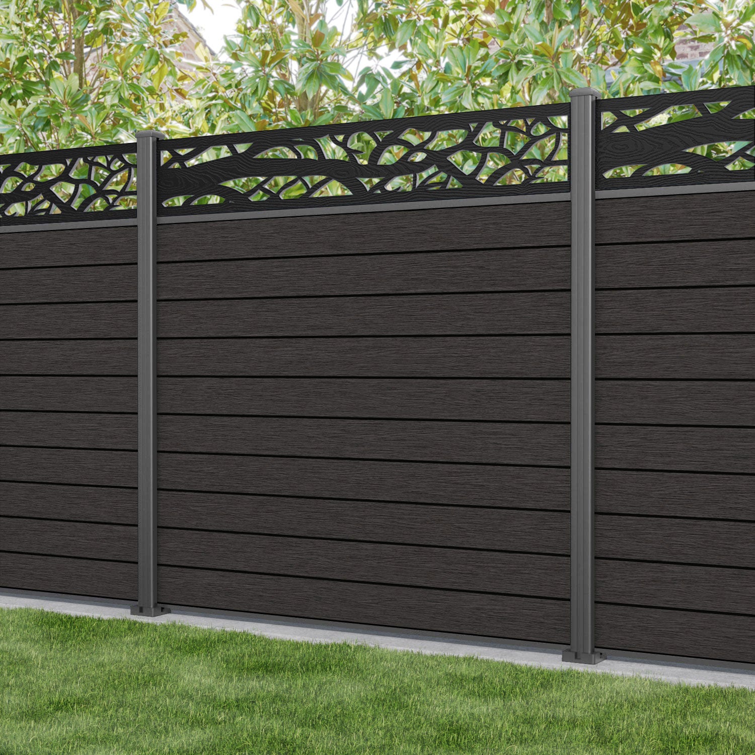Fusion Twilight Fence Panel - Dark Oak - with our aluminium posts