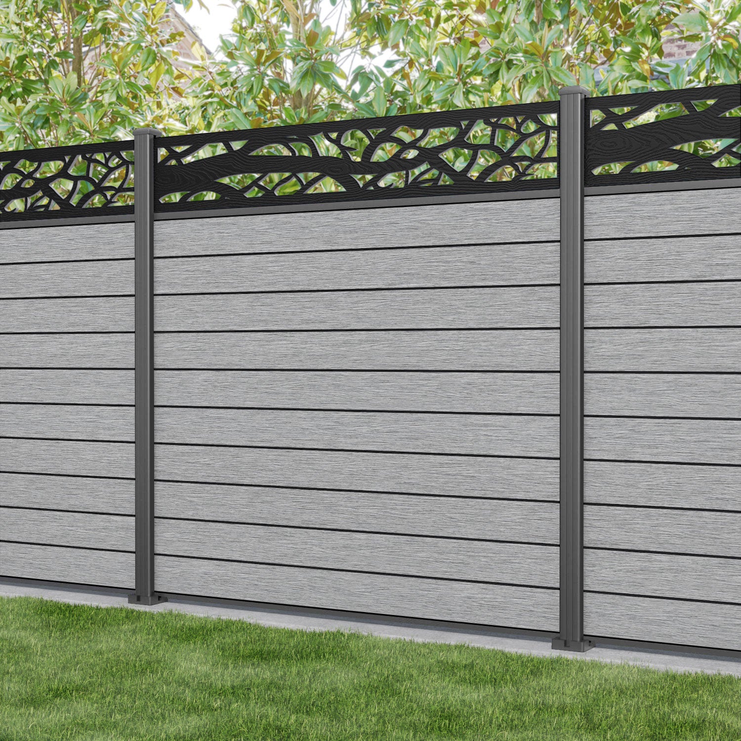 Fusion Twilight Fence Panel - Light Grey - with our aluminium posts