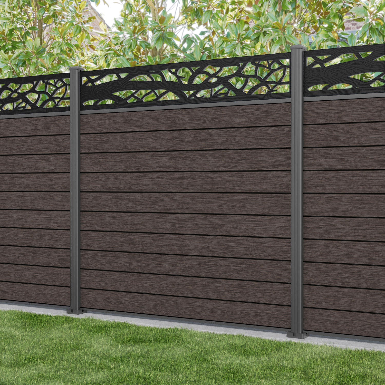 Fusion Twilight Fence Panel - Mid Brown - with our aluminium posts