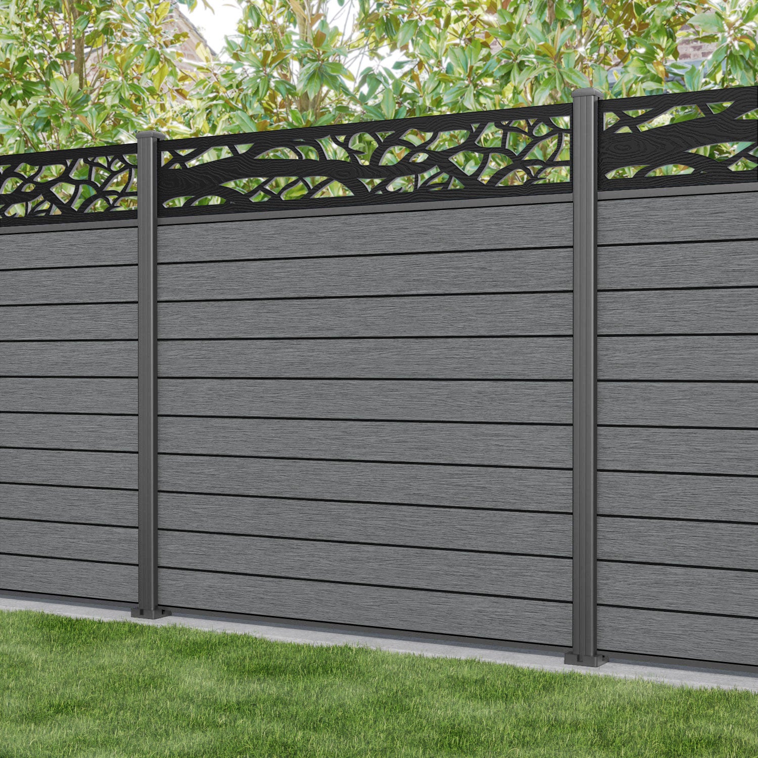Fusion Twilight Fence Panel - Mid Grey - with our aluminium posts