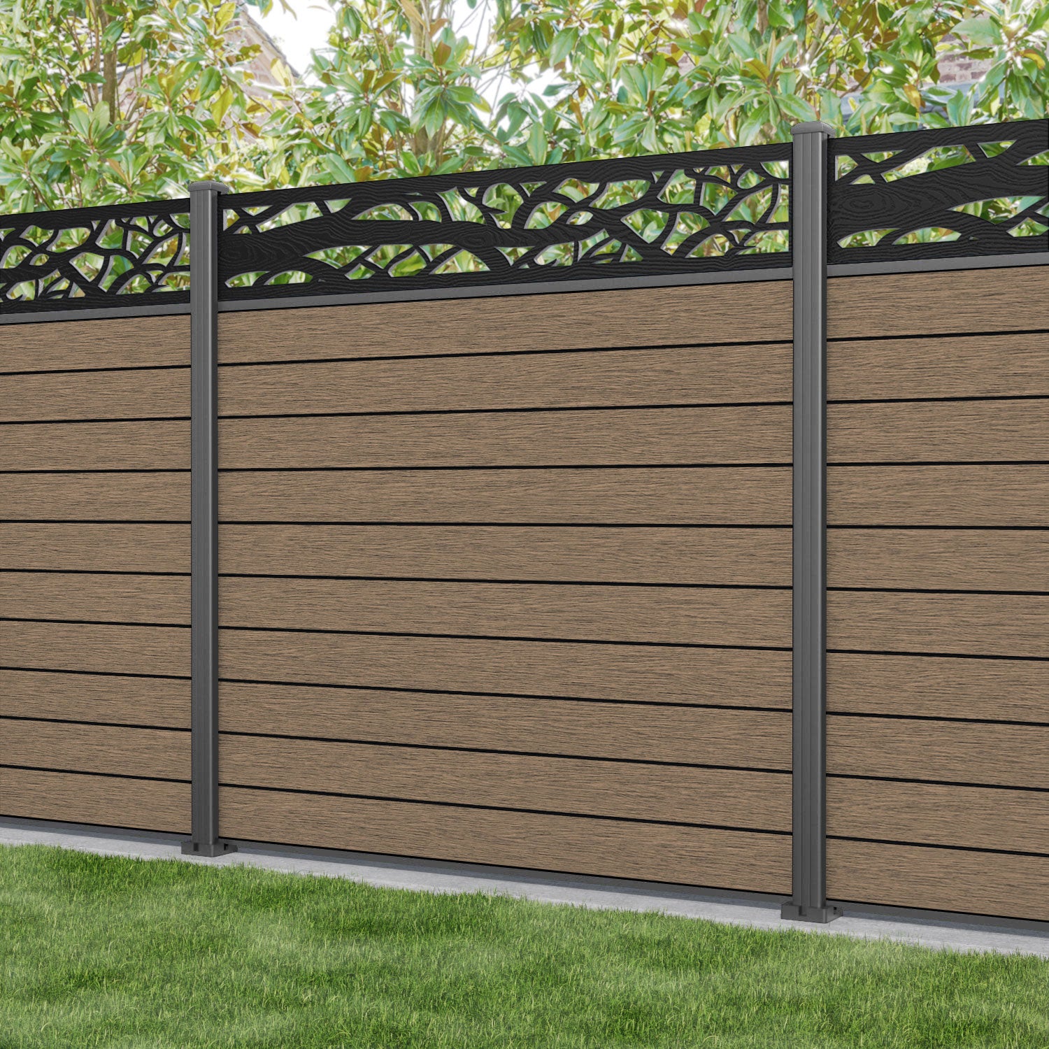 Fusion Twilight Fence Panel - Teak - with our aluminium posts