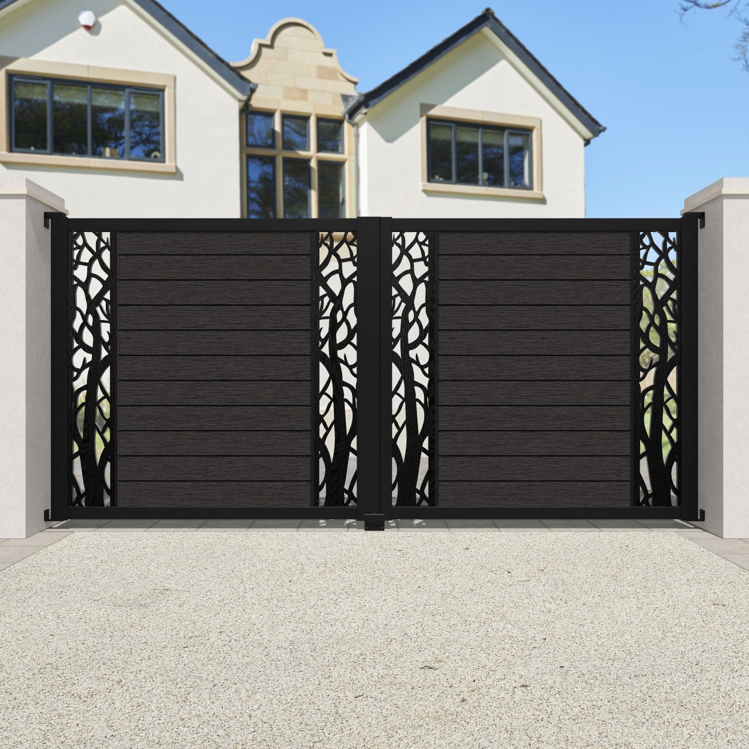Fusion Twilight Straight Top Driveway Gate - Dark Oak - Middle & End Screen