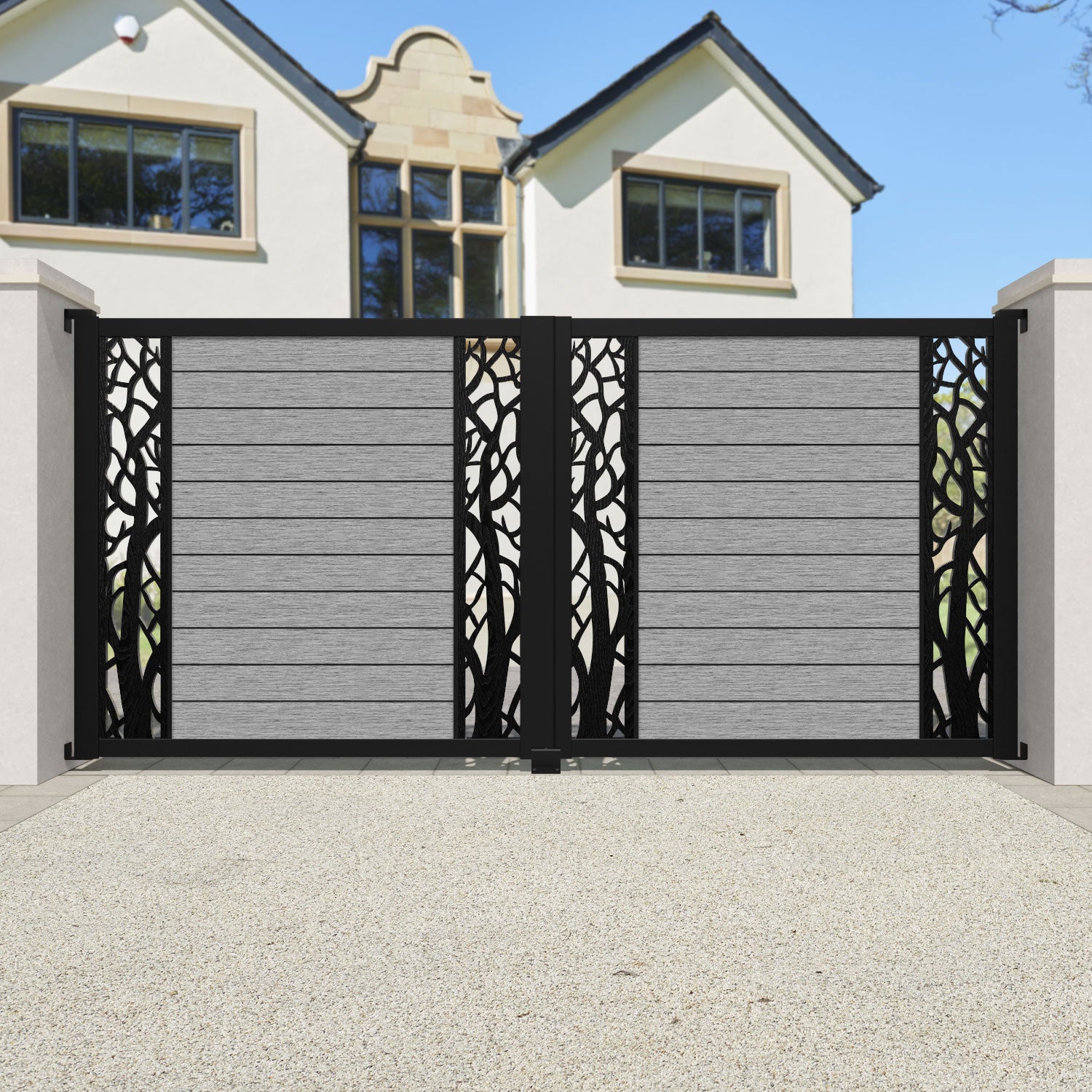 Fusion Twilight Straight Top Driveway Gate - Light Grey - Middle & End Screen