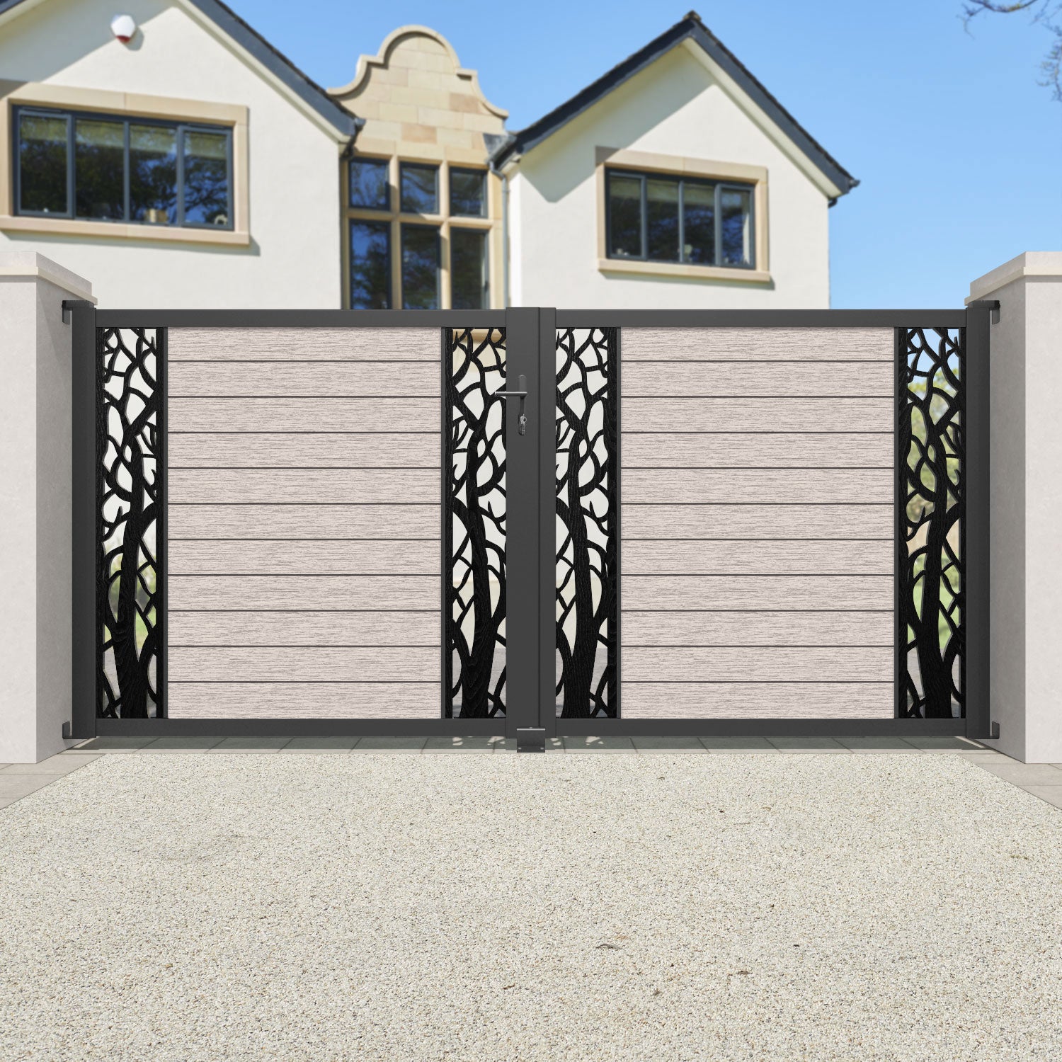 Fusion Twilight Straight Top Driveway Gate - Mid Stone - Middle & End Screen