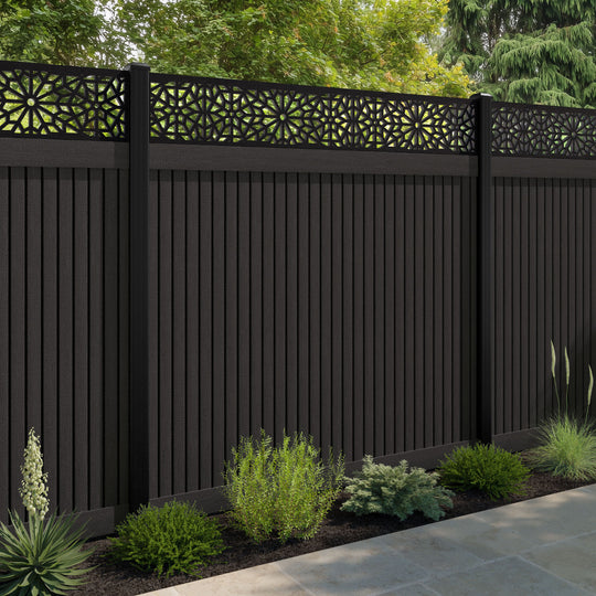 Virtis Alnara Fence Panel - Dark Oak - with our aluminium posts