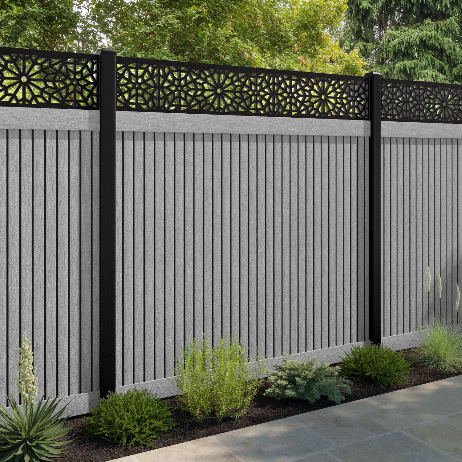 Virtis Alnara Fence Panel - Light Grey - with our aluminium posts