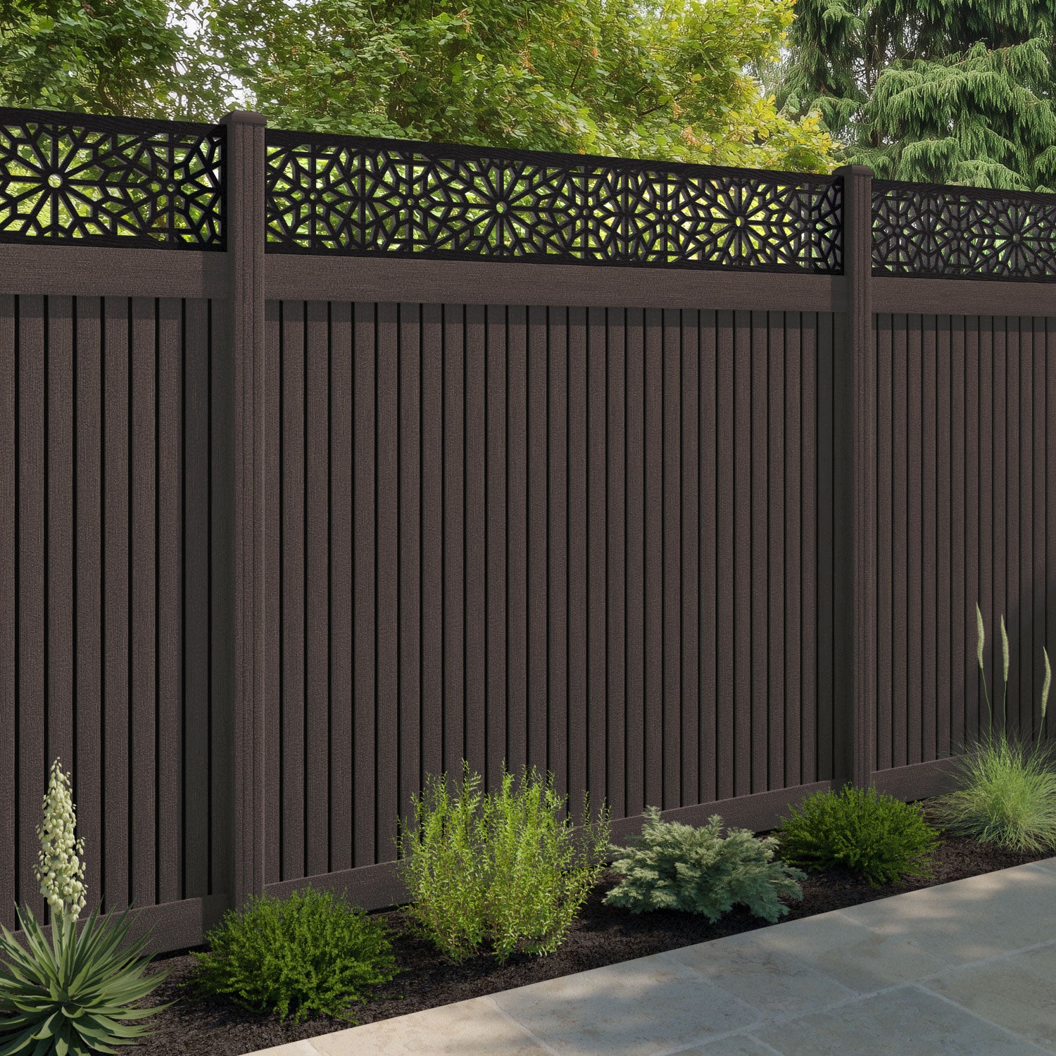 Virtis Alnara Fence Panel - Mid Brown - with our composite posts