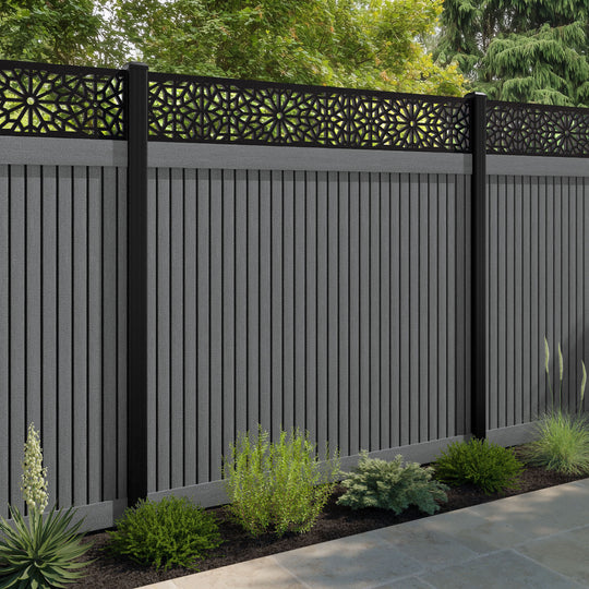 Virtis Alnara Fence Panel - Mid Grey - with our aluminium posts